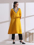 Women's Mustard Kurta with Striped Collar 1 Piece | Straight Fit, Collar Neck, 3/4 Sleeves, Workwear, (PRF'T Lux Duchess Satin Texture)