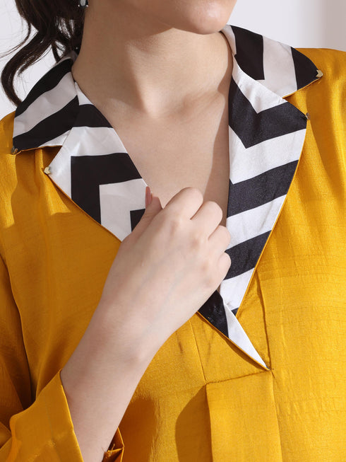 Women's Mustard Kurta with Striped Collar 1 Piece | Straight Fit, Collar Neck, 3/4 Sleeves, Workwear, (PRF'T Lux Duchess Satin Texture)