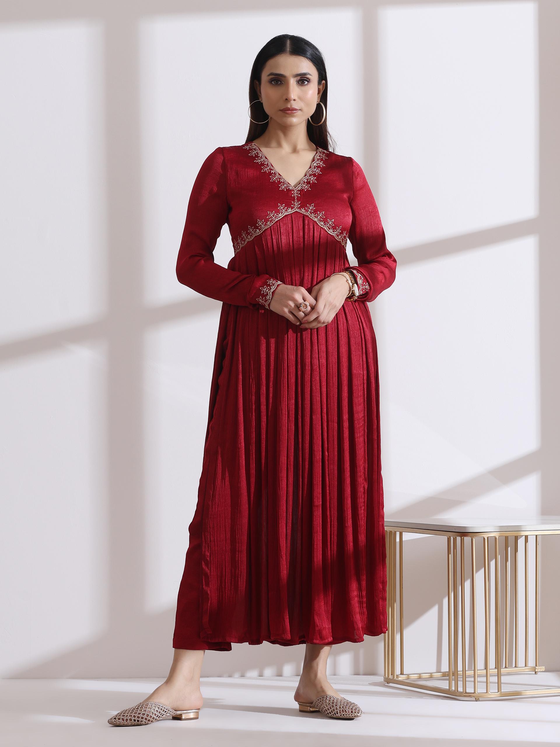Women's Dual Shade Maroon Butter Chiffon Anarkali Kurta with Matching Pants and Embroidered Dupatta 3 Piece Set | Anarkali, V Neck, Full Sleeves, Festive Wear, (Butter Chiffon)