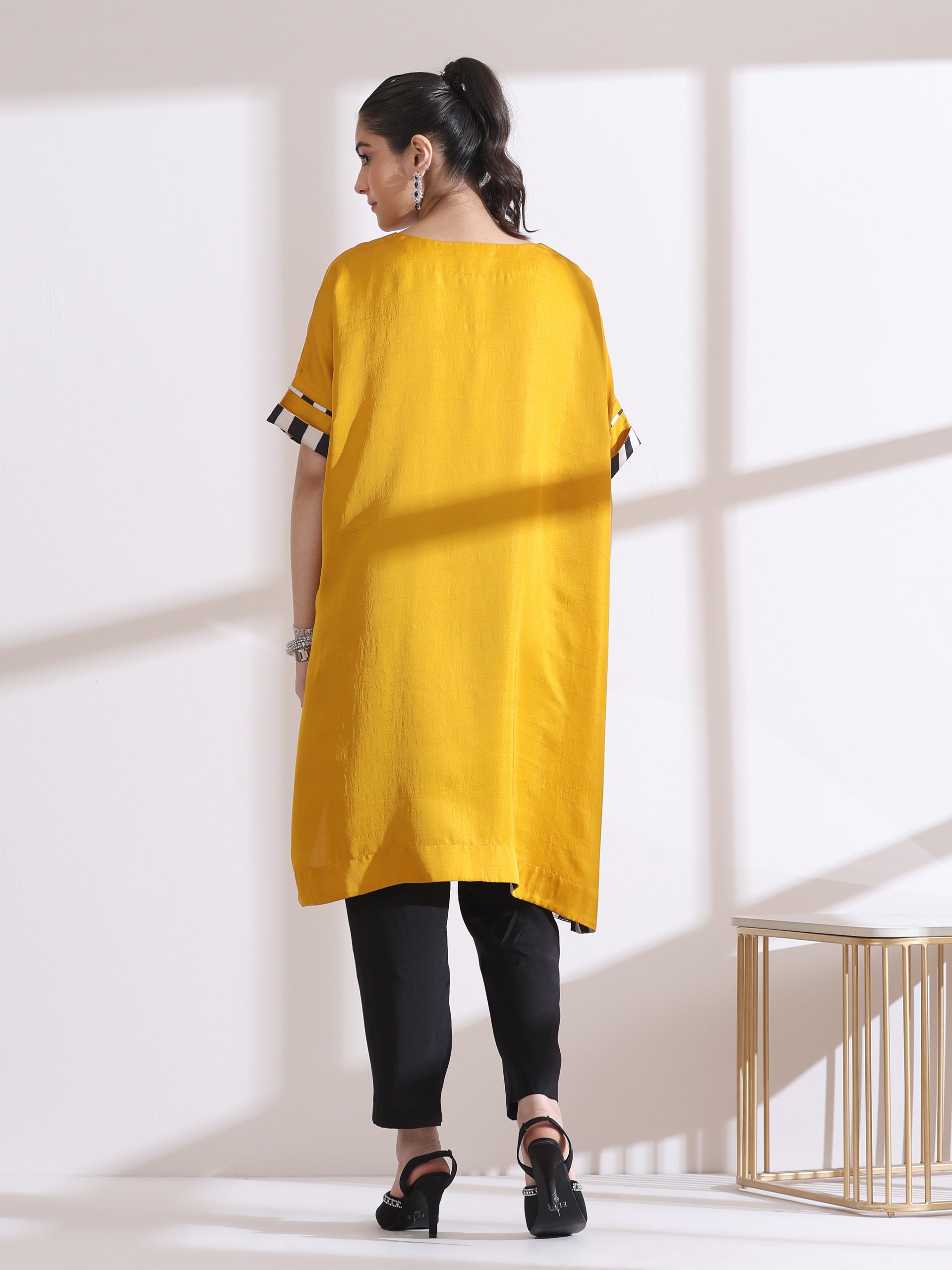 Women's Yellow Kurta with Chevron Inner Details and Black Pant 2 Piece Set | Straight Fit, Round Neck, 3/4 Sleeves, Workwear, (Lux Fabric)