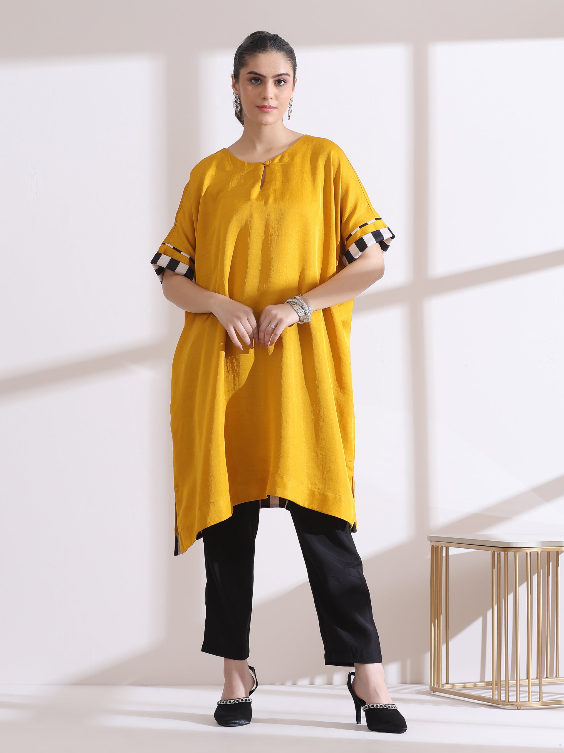 Women's Yellow Kurta with Chevron Inner Details 1 Piece | Straight Fit, Round Neck, 3/4 Sleeves, Workwear, (Lux Fabric)