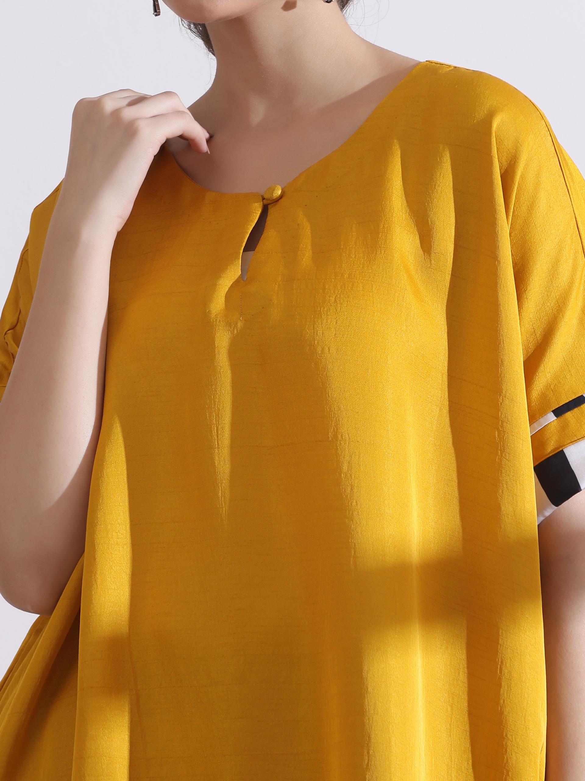 Women's Yellow Kurta with Chevron Inner Details 1 Piece | Straight Fit, Round Neck, 3/4 Sleeves, Workwear, (Lux Fabric)