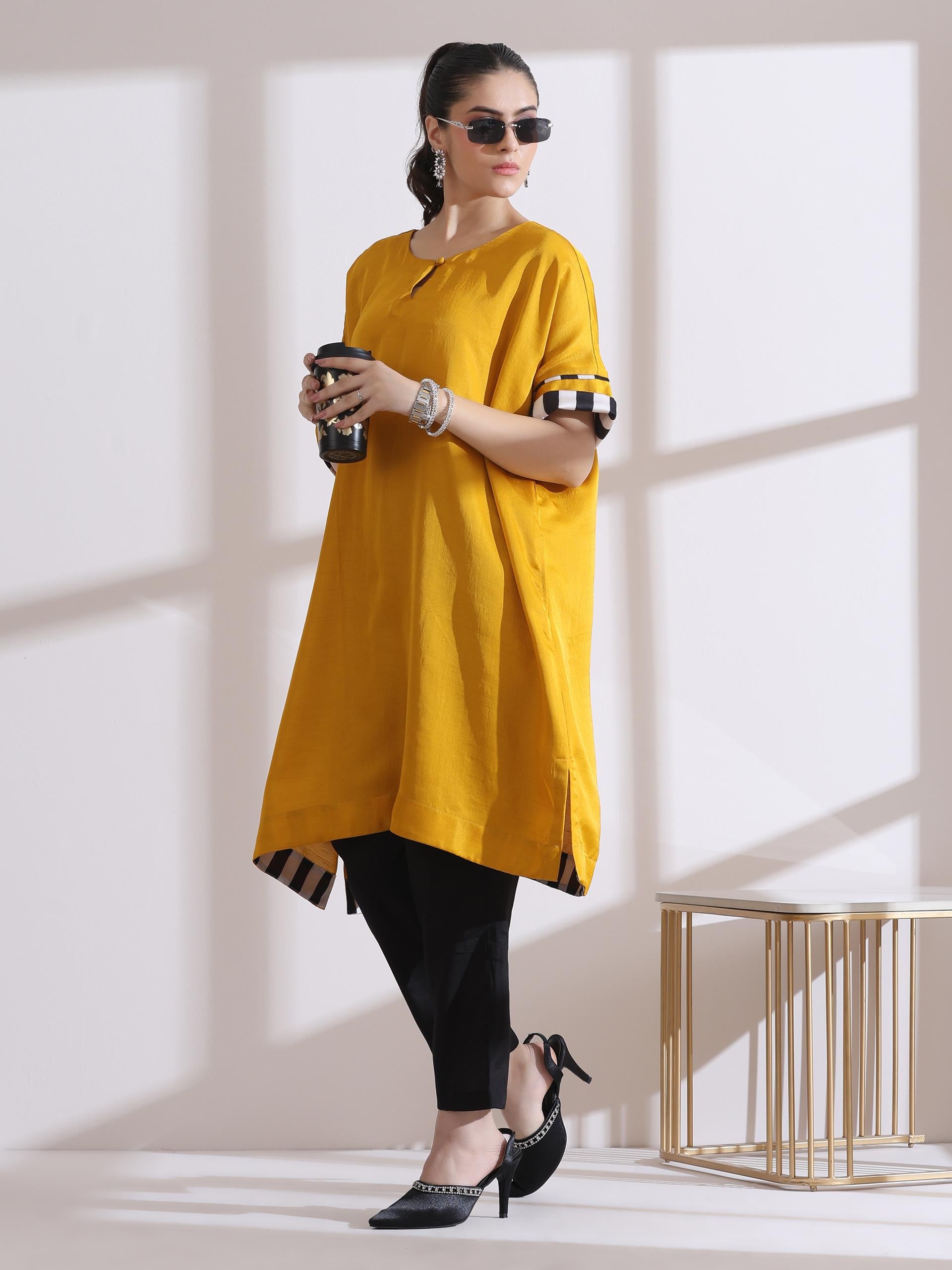 Women's Yellow Kurta with Chevron Inner Details 1 Piece | Straight Fit, Round Neck, 3/4 Sleeves, Workwear, (Lux Fabric)