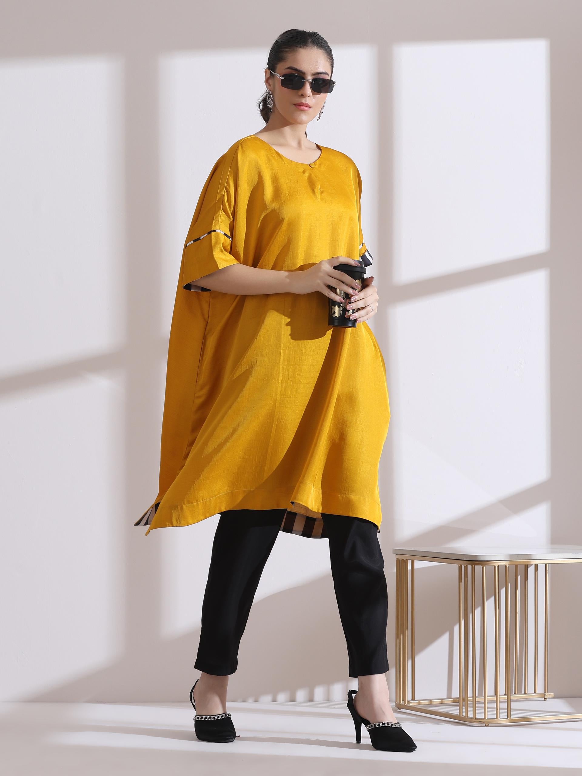 Women's Yellow Kurta with Chevron Inner Details 1 Piece | Straight Fit, Round Neck, 3/4 Sleeves, Workwear, (Lux Fabric)