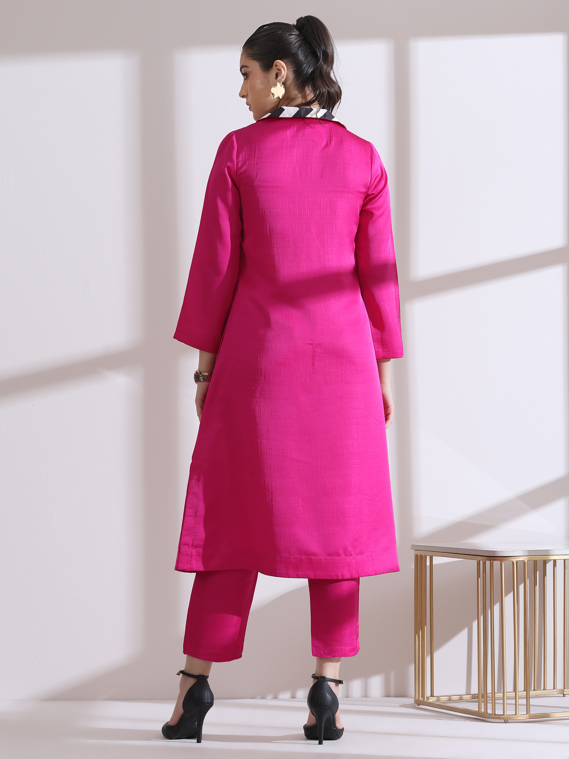 Women's Fuchsia Kurta with Striped Collar and Pants 2 Piece Set | Straight Fit, V Neck, 3/4 Sleeves, Workwear, (Lux Fabric)