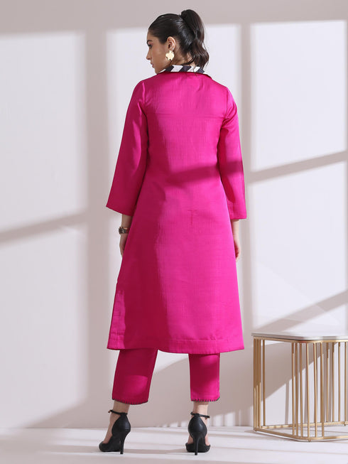 Women's Fuchsia Kurta with Striped Collar 1 Piece | Straight Fit, V Neck, 3/4 Sleeves, Work Wear, (PRF'T Lux Duchess Satin Texture)