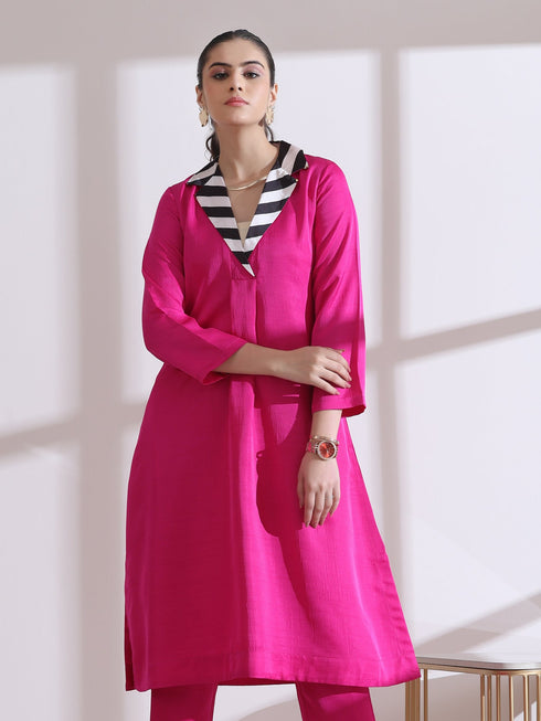 Women's Fuchsia Kurta with Striped Collar 1 Piece | Straight Fit, V Neck, 3/4 Sleeves, Work Wear, (PRF'T Lux Duchess Satin Texture)