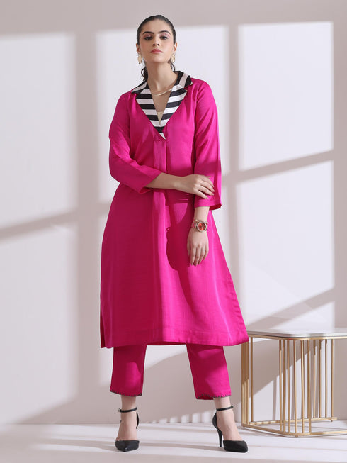 Women's Fuchsia Kurta with Striped Collar 1 Piece | Straight Fit, V Neck, 3/4 Sleeves, Work Wear, (PRF'T Lux Duchess Satin Texture)