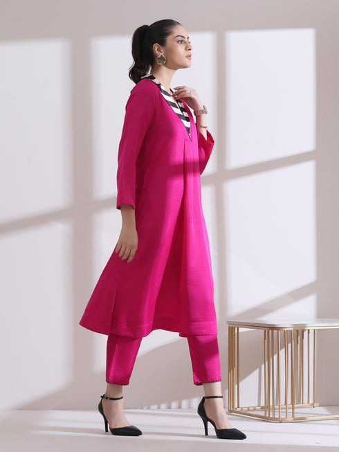 Women's Fuchsia Kurta with Striped Collar 1 Piece | Straight Fit, V Neck, 3/4 Sleeves, Work Wear, (PRF'T Lux Duchess Satin Texture)
