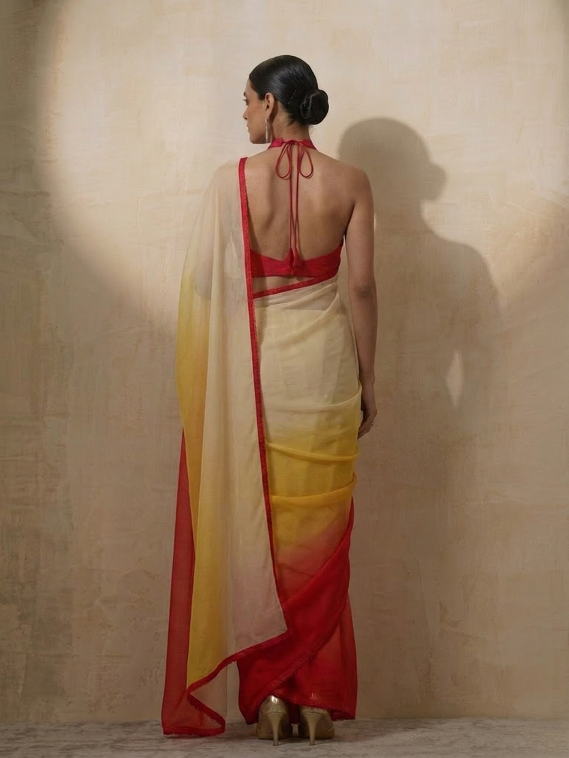Yellow Red Cream Ombre Chiffon Saree with Self Fabric Blouse