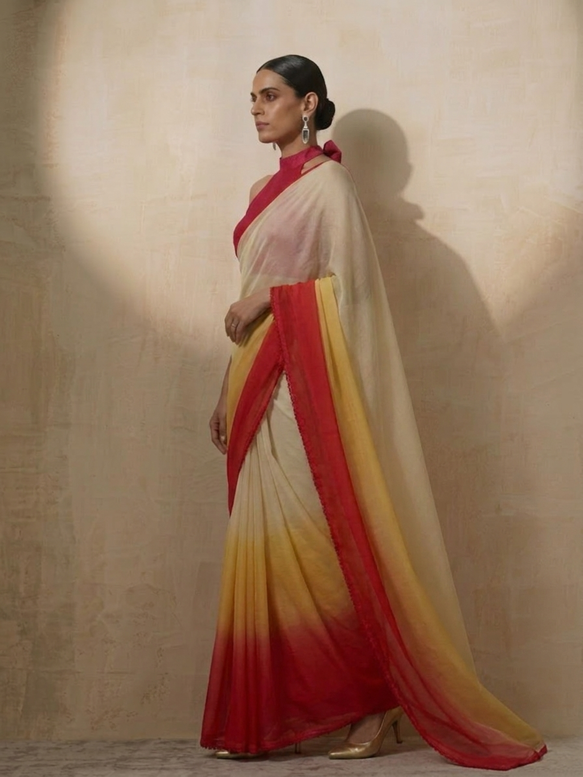 Yellow Red Cream Ombre Chiffon Saree with Self Fabric Blouse