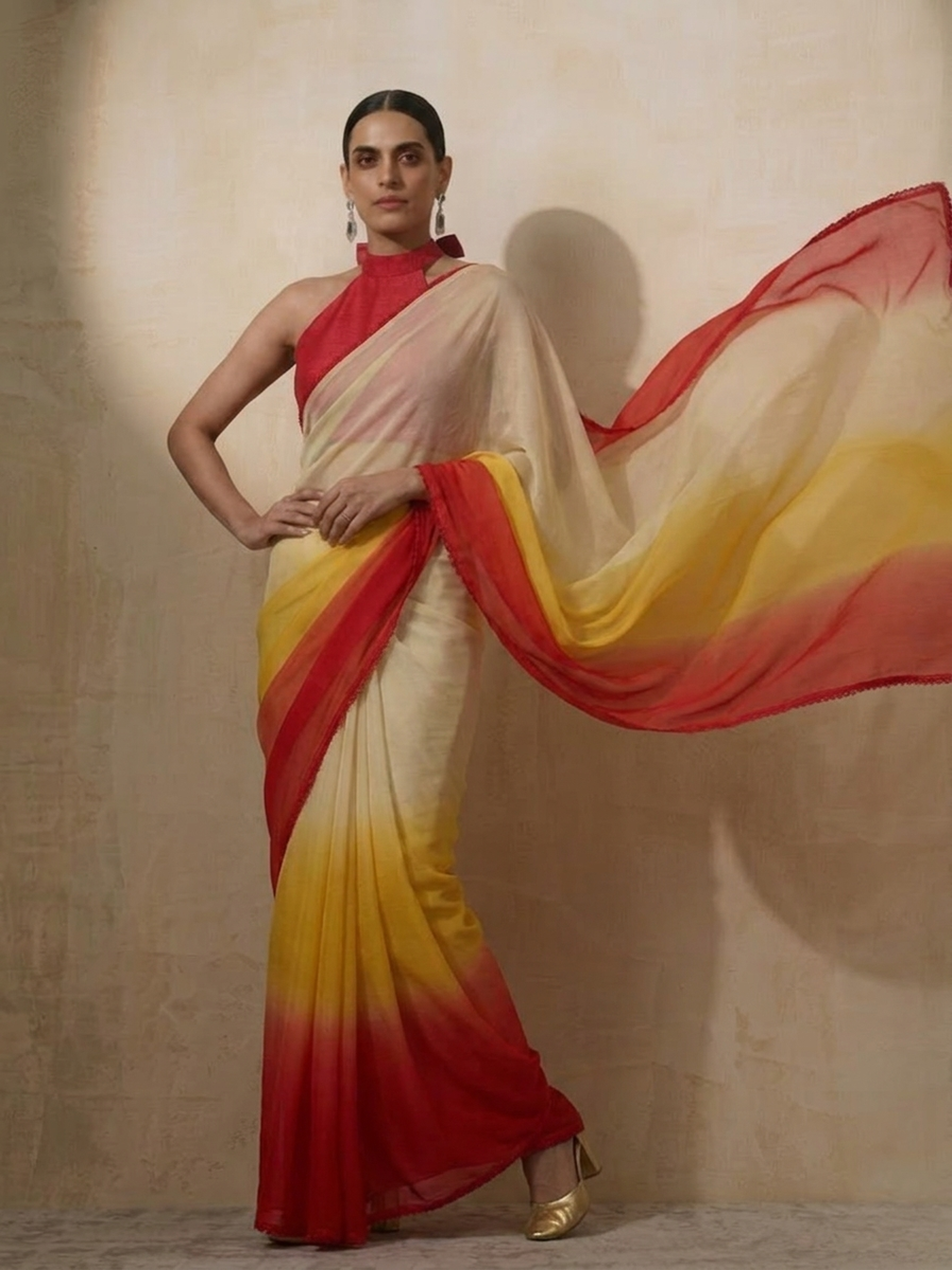 Yellow Red Cream Ombre Chiffon Saree with Self Fabric Blouse