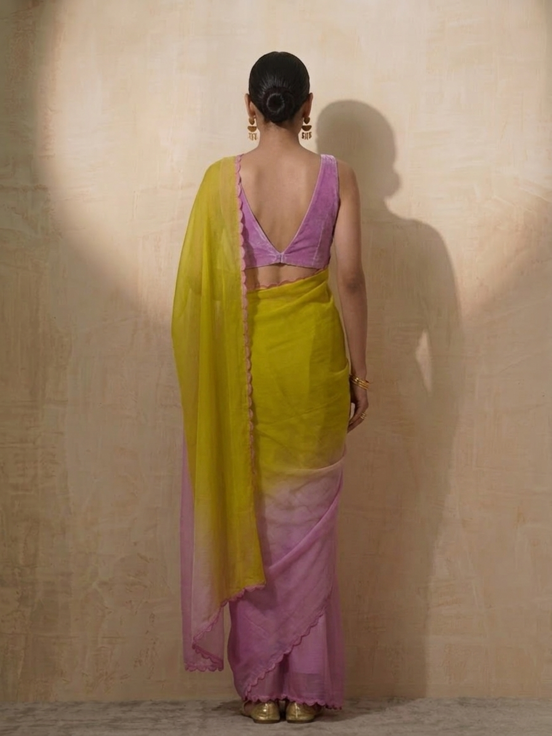 Lilac and Green Ombre Chiffon Saree with Self Fabric Blouse