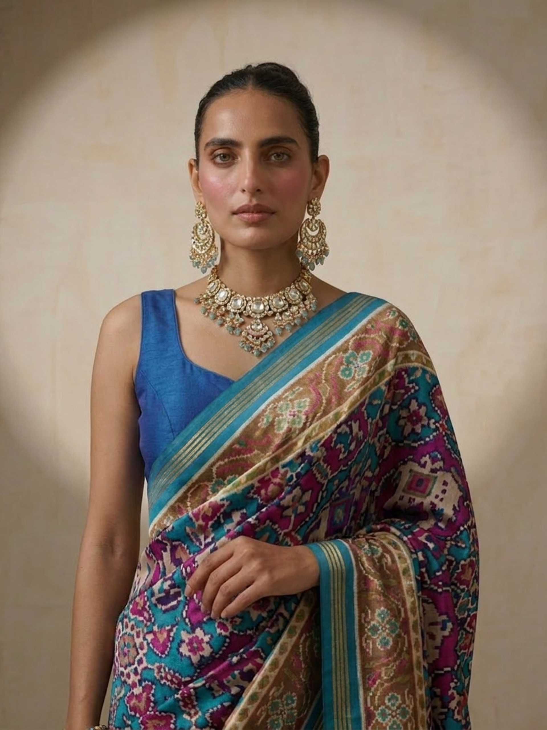Blue Silk Patola Saree with Self Blouse