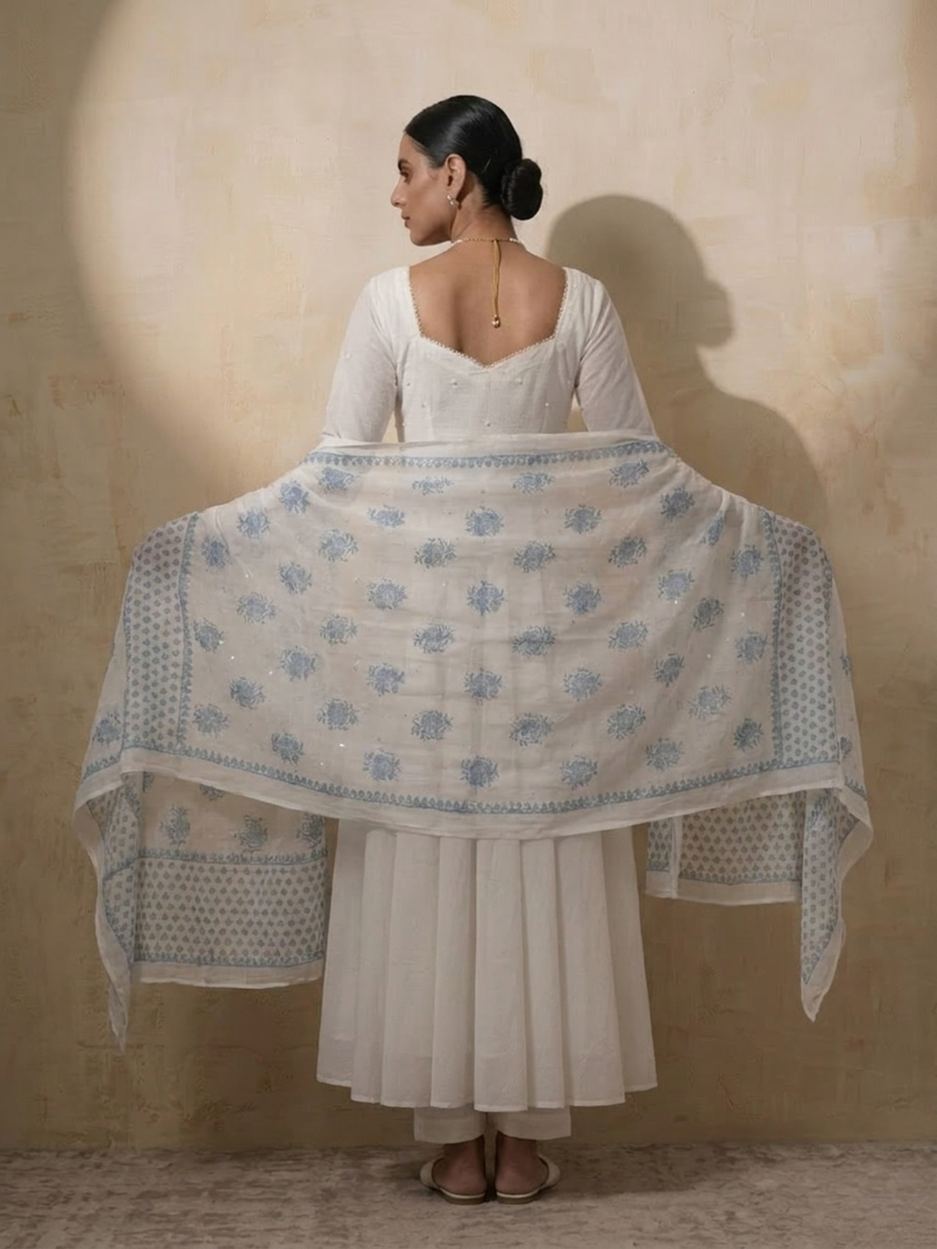 3 Pc Set - White Cotton Anarkali with Pearls and Blue White Handblock Printed Dupatta