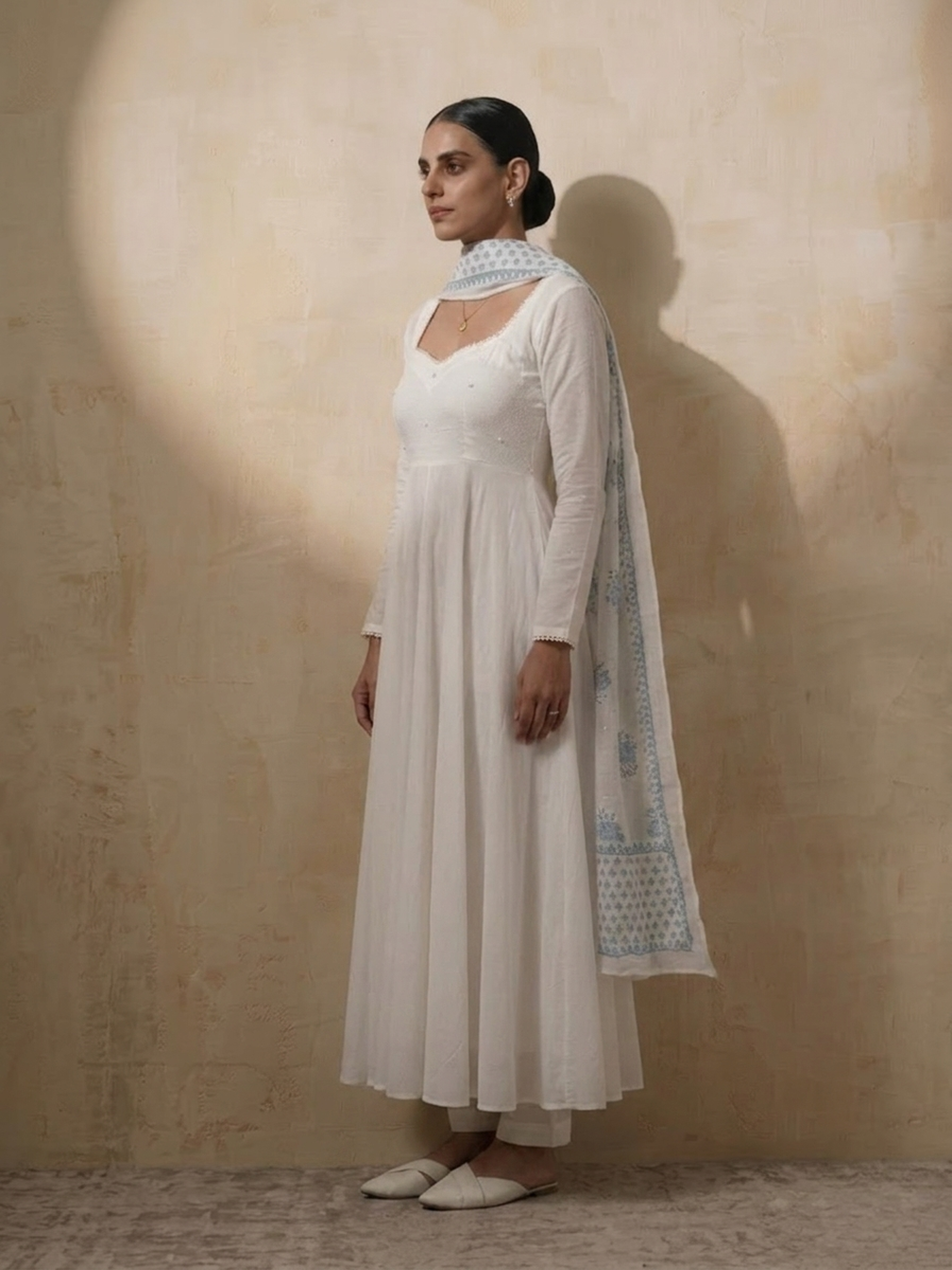 3 Pc Set - White Cotton Anarkali with Pearls and Blue White Handblock Printed Dupatta