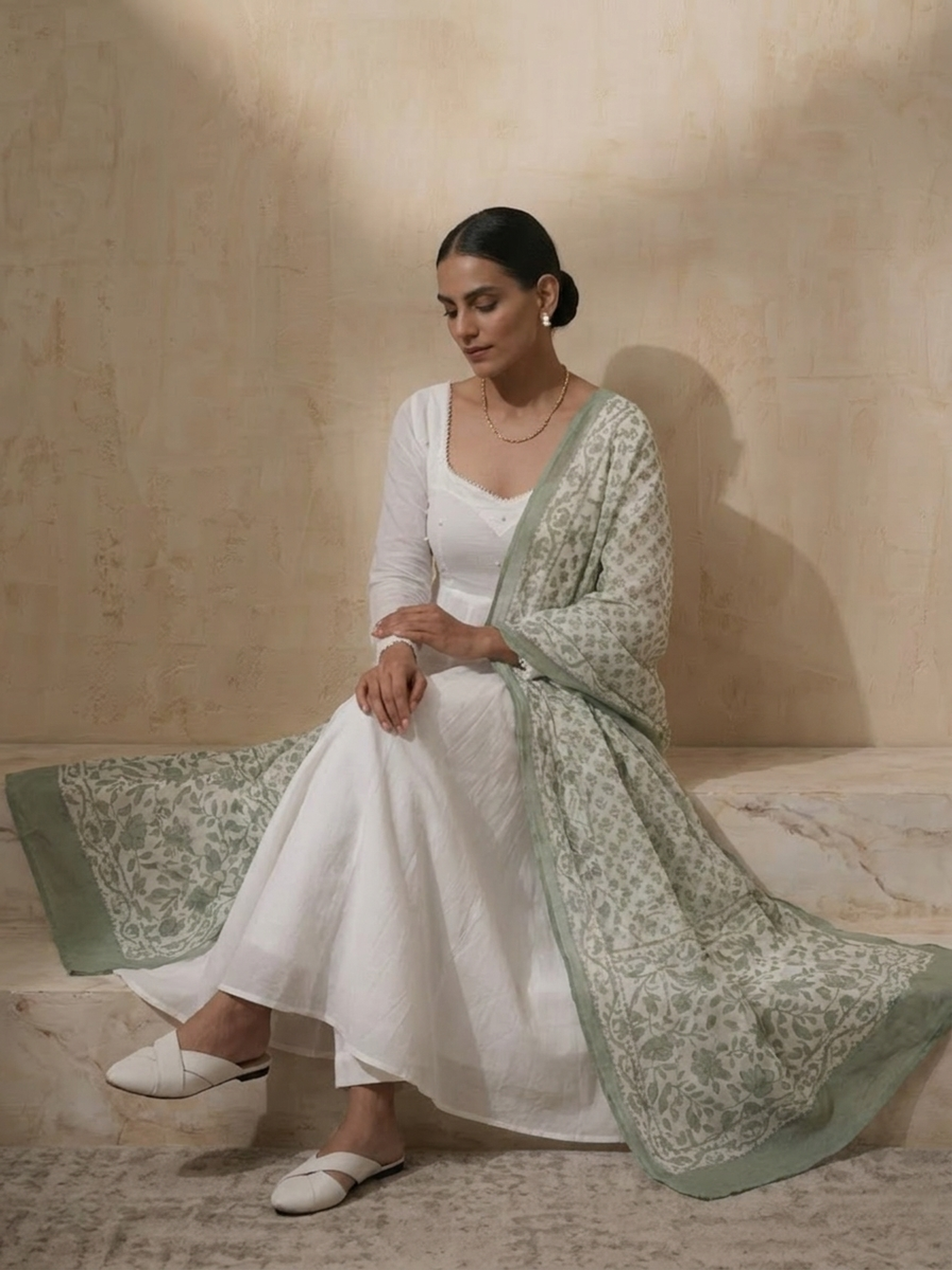 3 Pc Set - White Cotton Anarkali with Pearls and Green Handblock Printed Dupatta