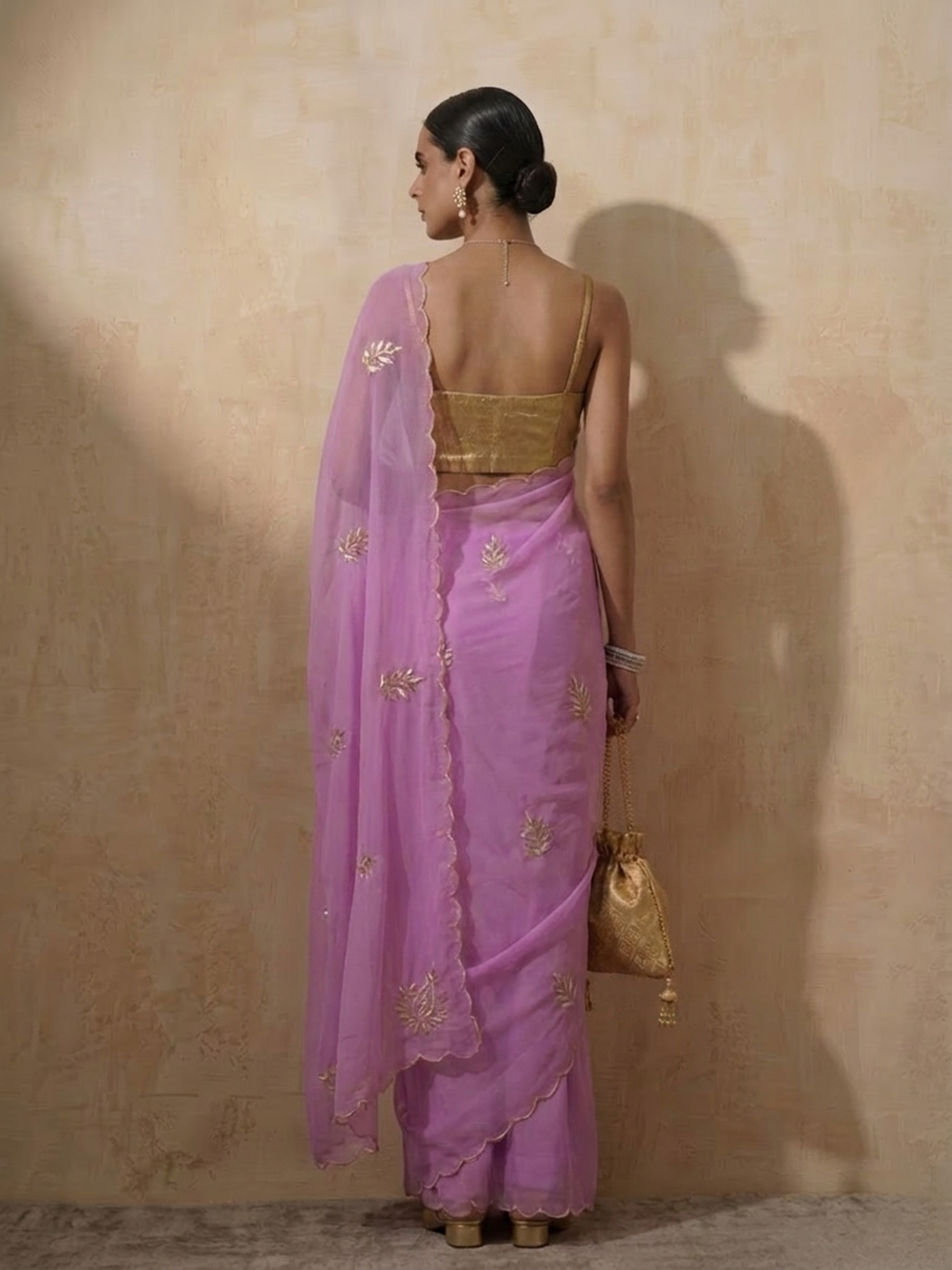Lilac chiffon saree with scallop and hand beading with self fabric blouse — view 4