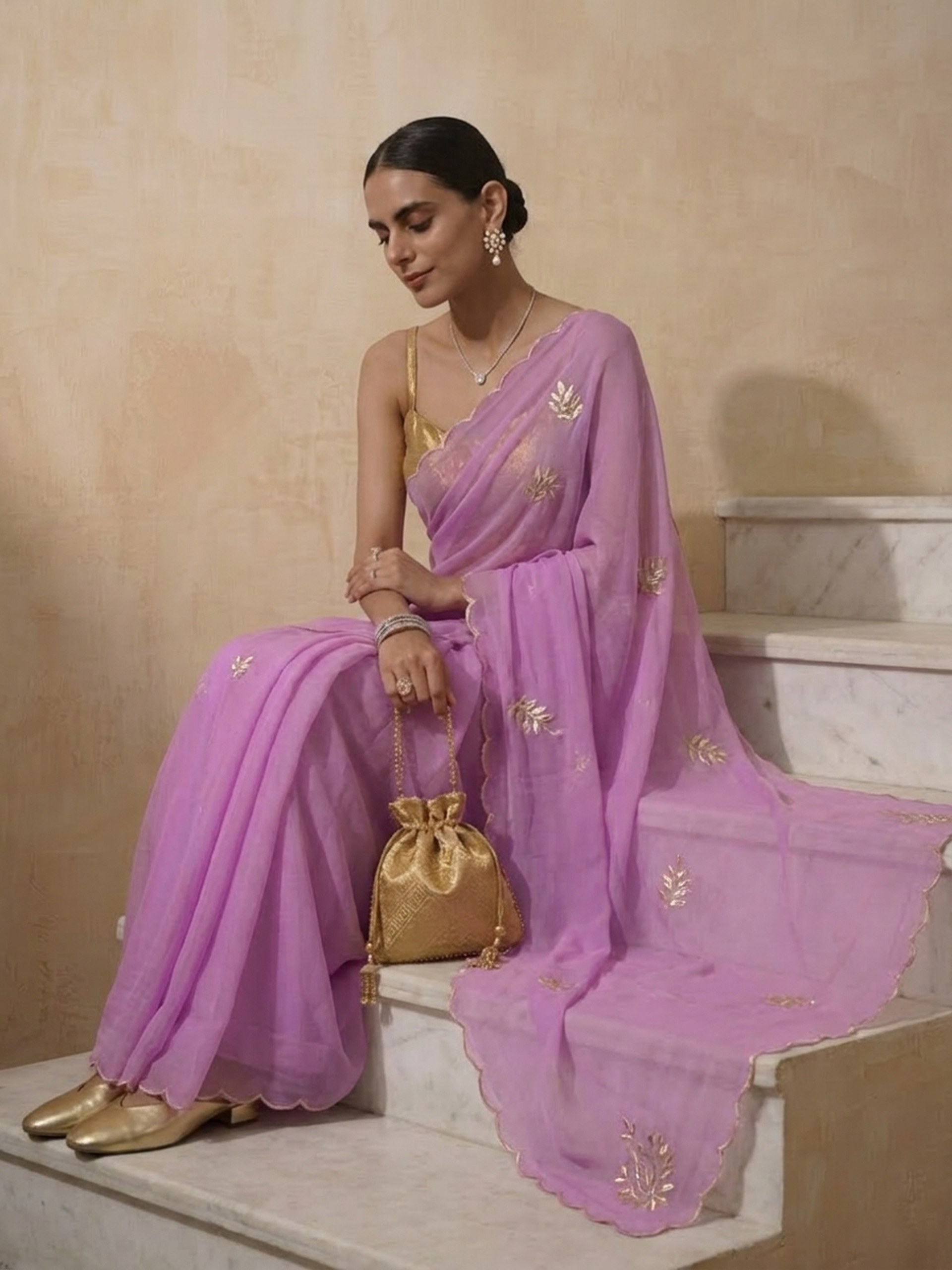 Lilac chiffon saree with scallop and hand beading with self fabric blouse