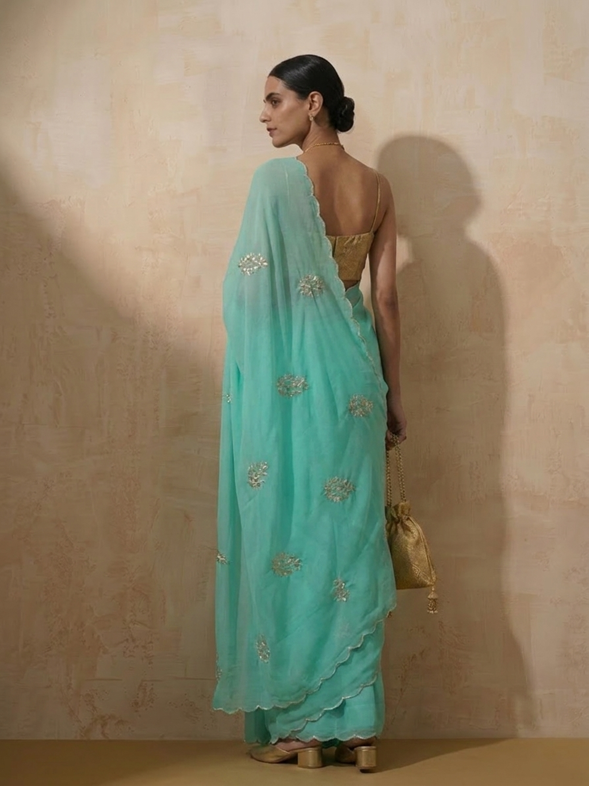 Cyan Blue Chiffon Saree with Scallop and Hand Beading with Self Fabric Blouse
