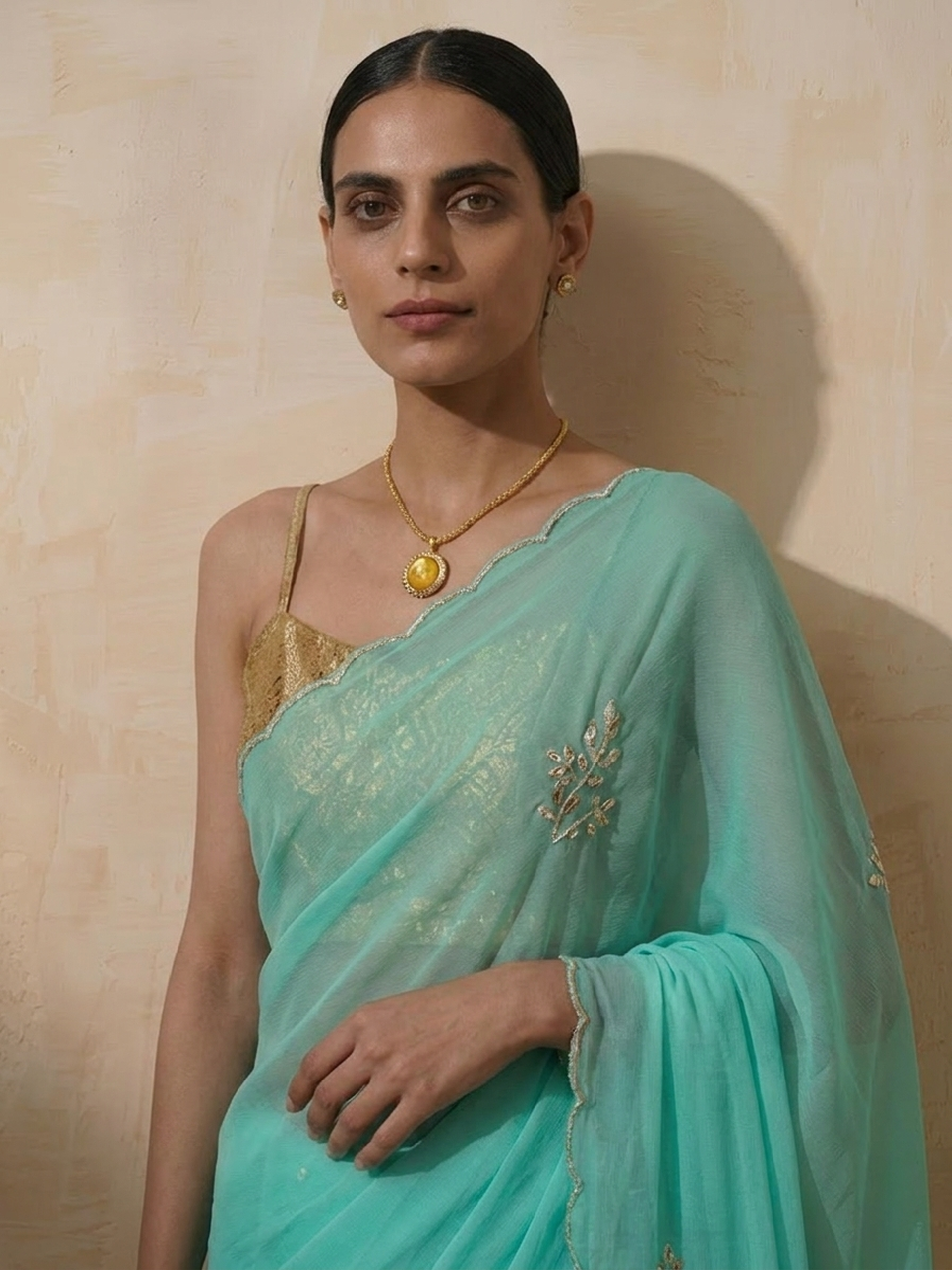 Cyan Blue Chiffon Saree with Scallop and Hand Beading with Self Fabric Blouse