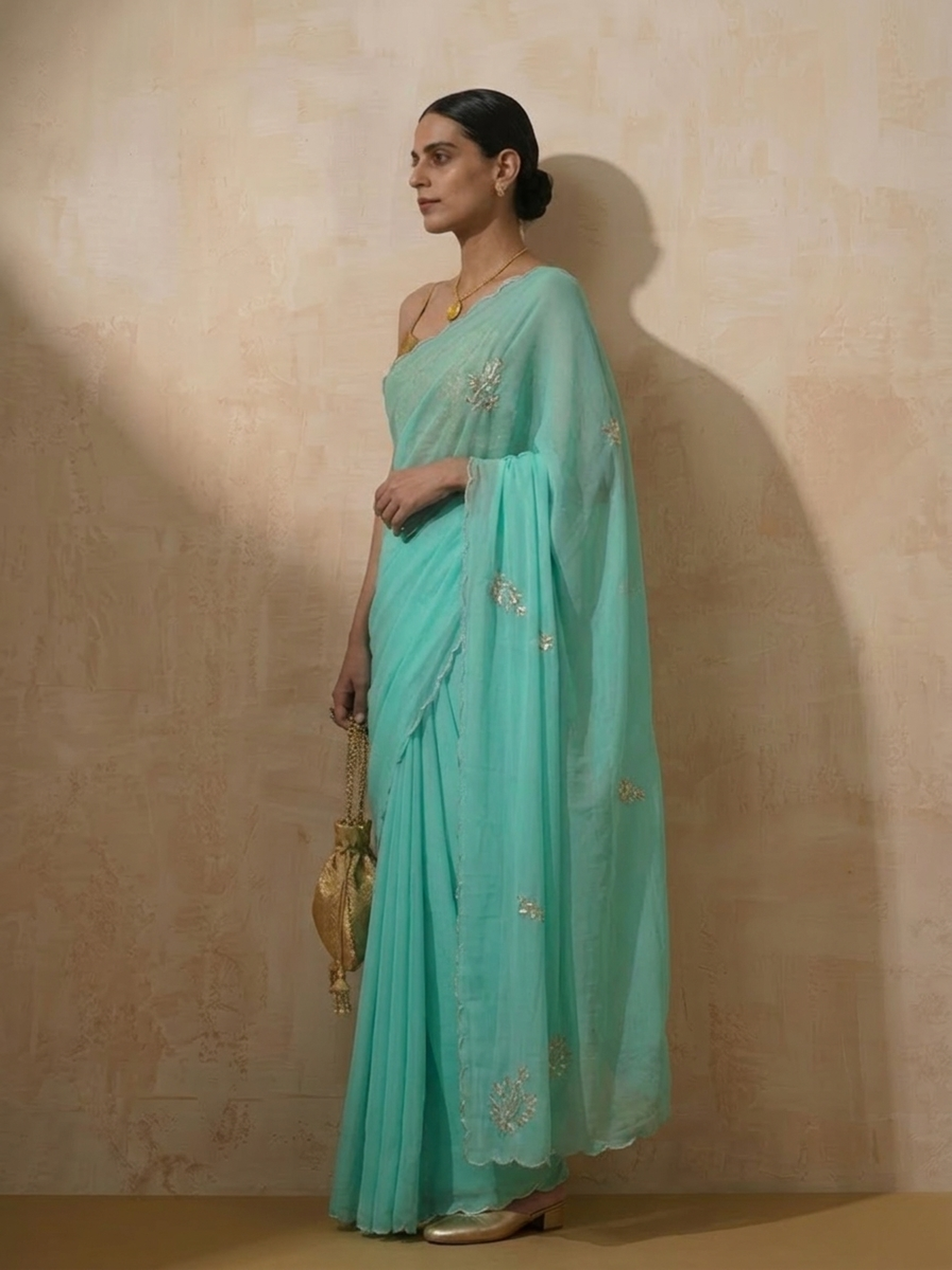 Cyan Blue Chiffon Saree with Scallop and Hand Beading with Self Fabric Blouse