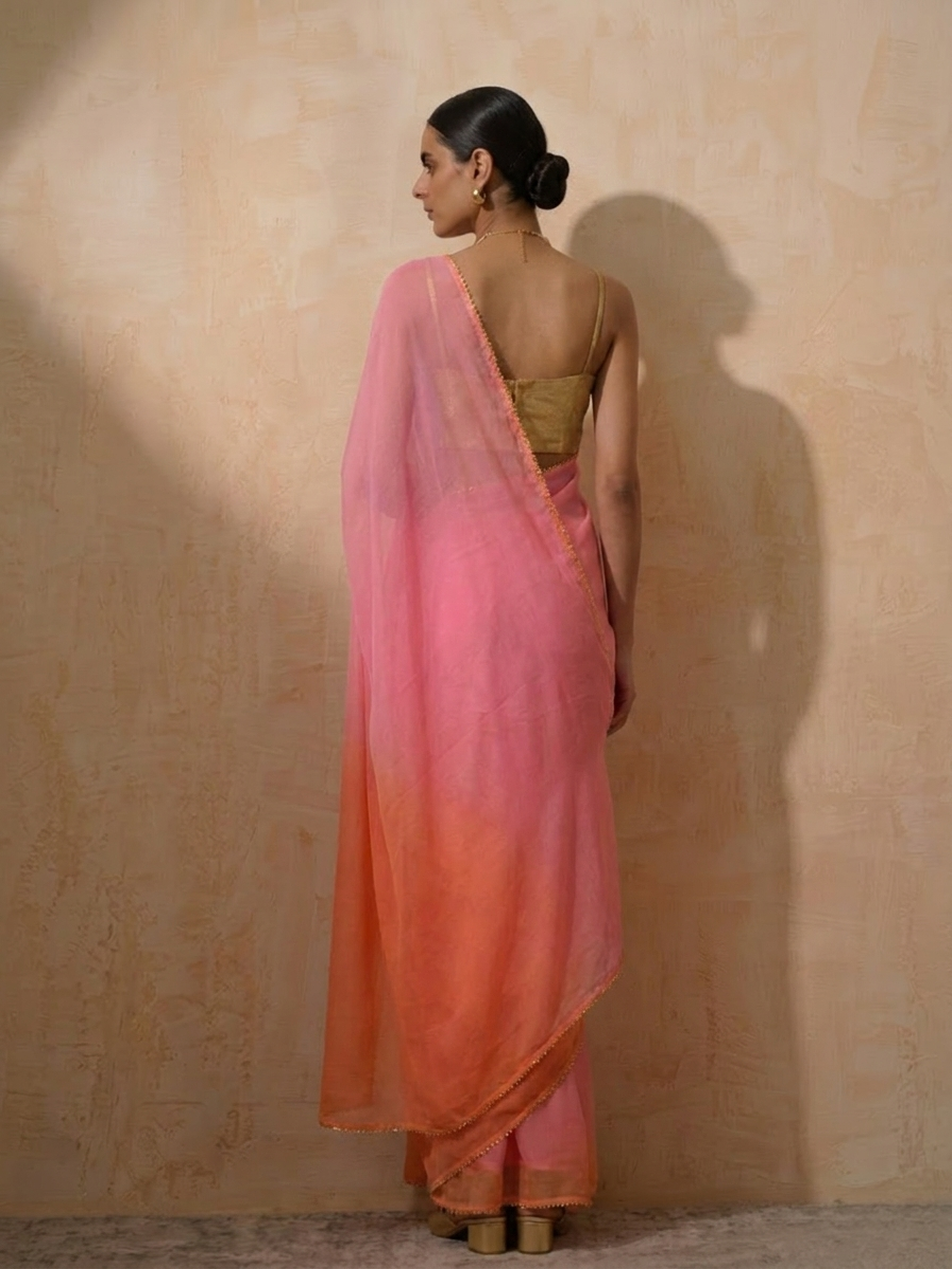 Pink and Coral Ombre Chiffon Saree with Self Fabric Blouse