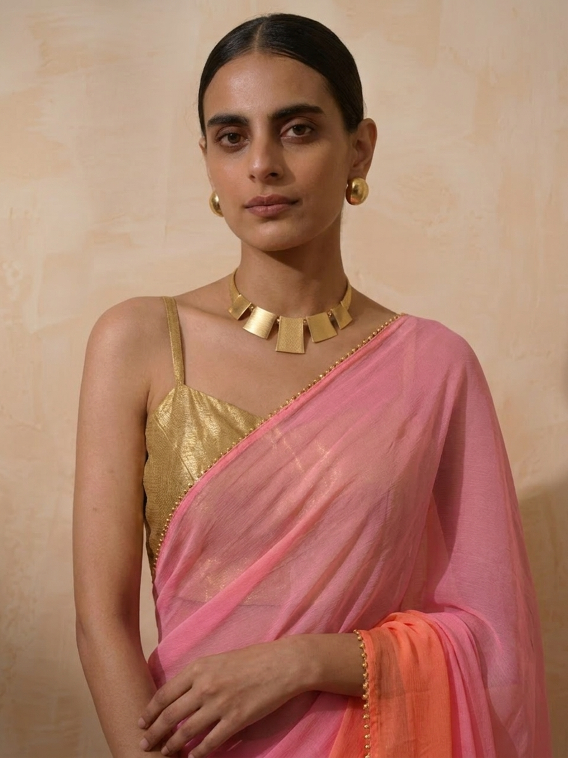 Pink and Coral Ombre Chiffon Saree with Self Fabric Blouse