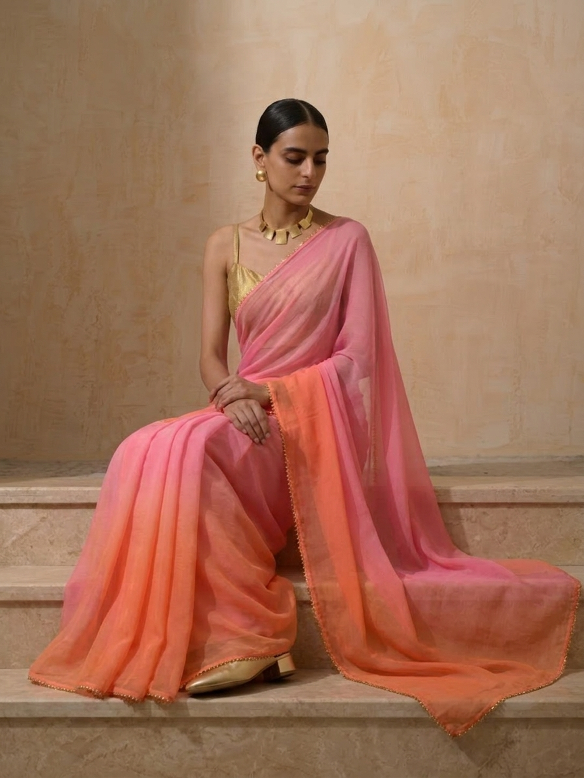 Pink and Coral Ombre Chiffon Saree with Self Fabric Blouse