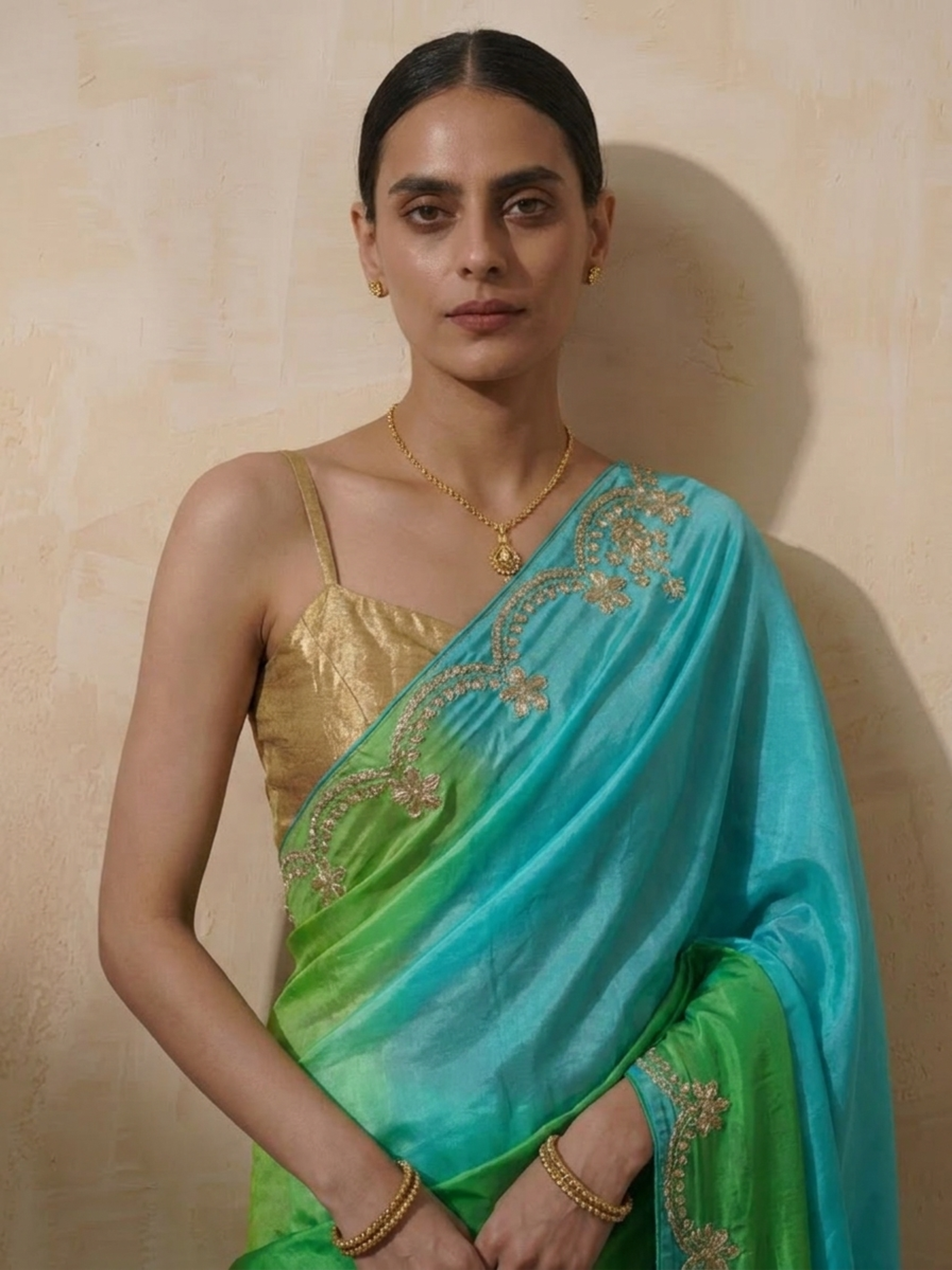 Green Blue Gajji Silk Ombre Saree with Handwork with Self Fabric Blouse