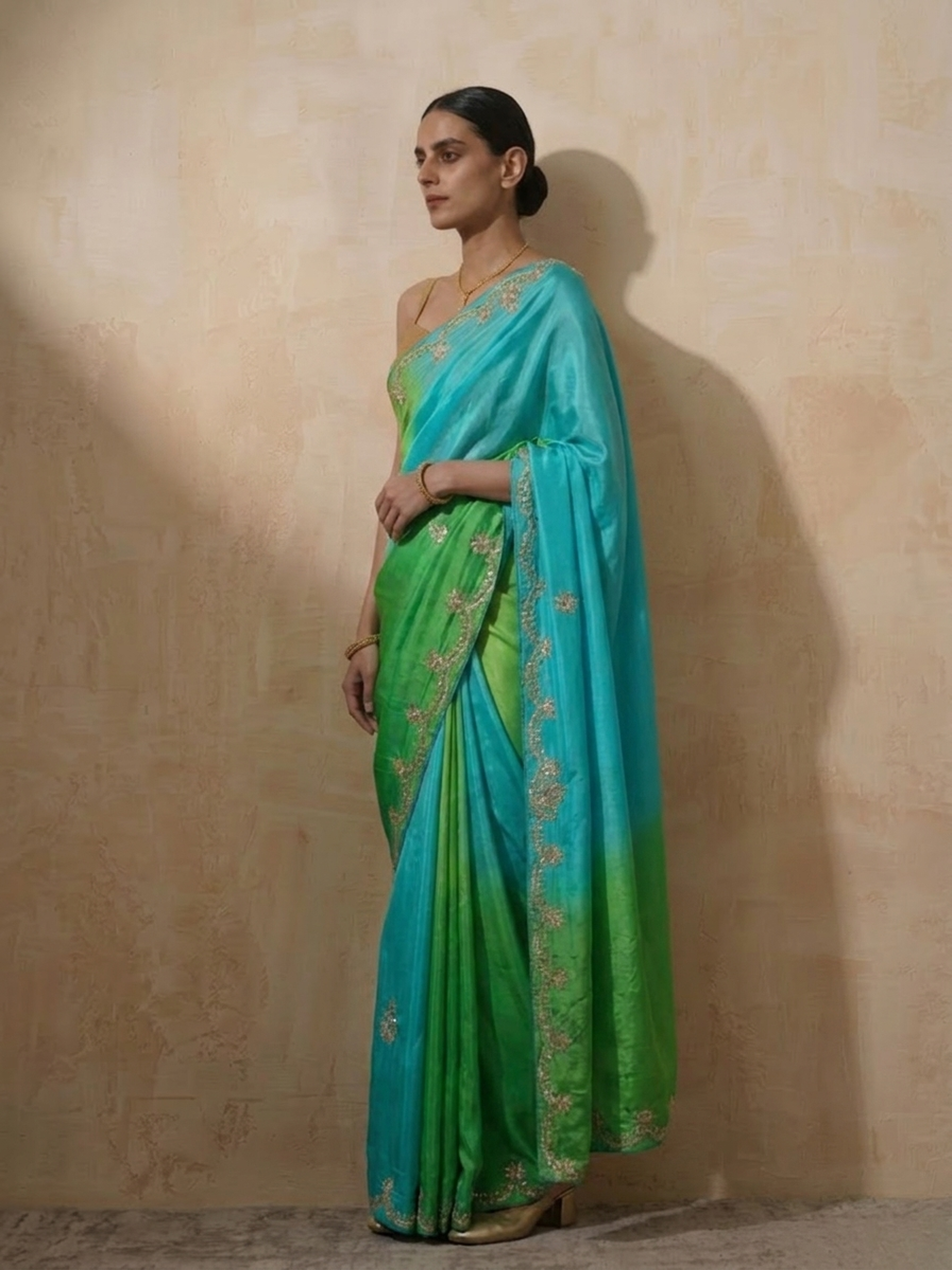 Green Blue Gajji Silk Ombre Saree with Handwork with Self Fabric Blouse