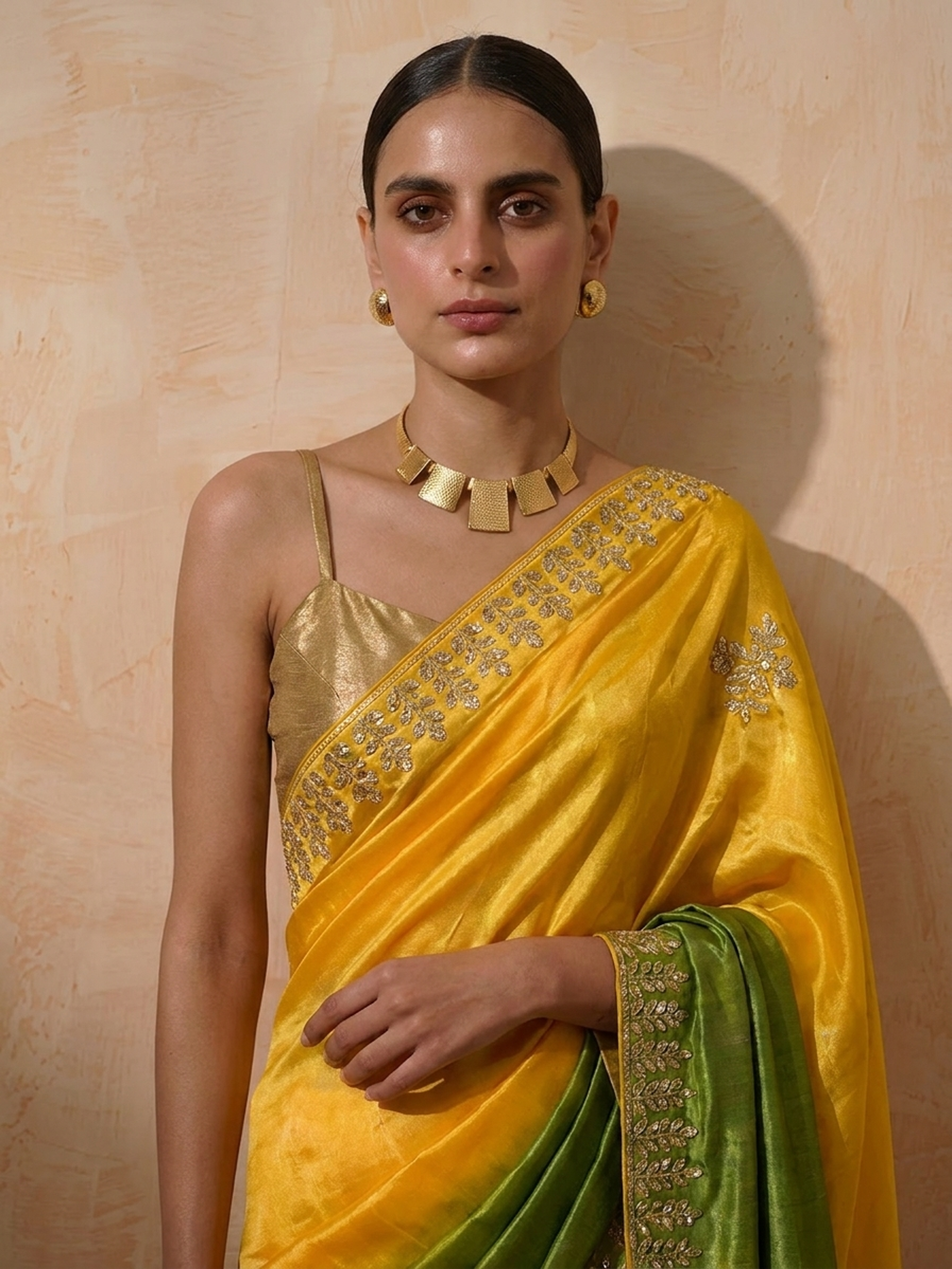 Green Yellow Gajji Silk Ombre Saree with Handwork with Self Blouse Fabric