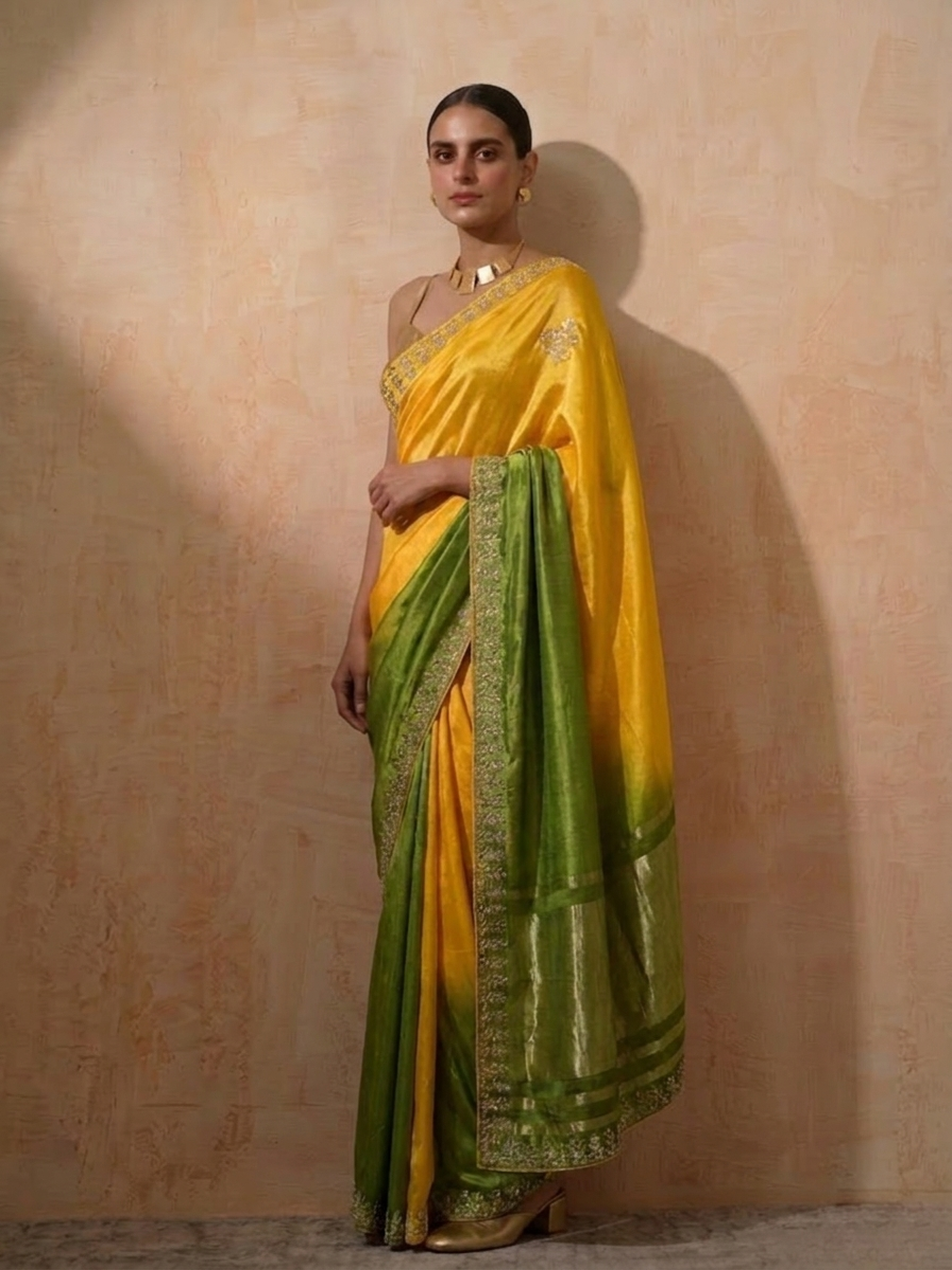 Green Yellow Gajji Silk Ombre Saree with Handwork with Self Blouse Fabric
