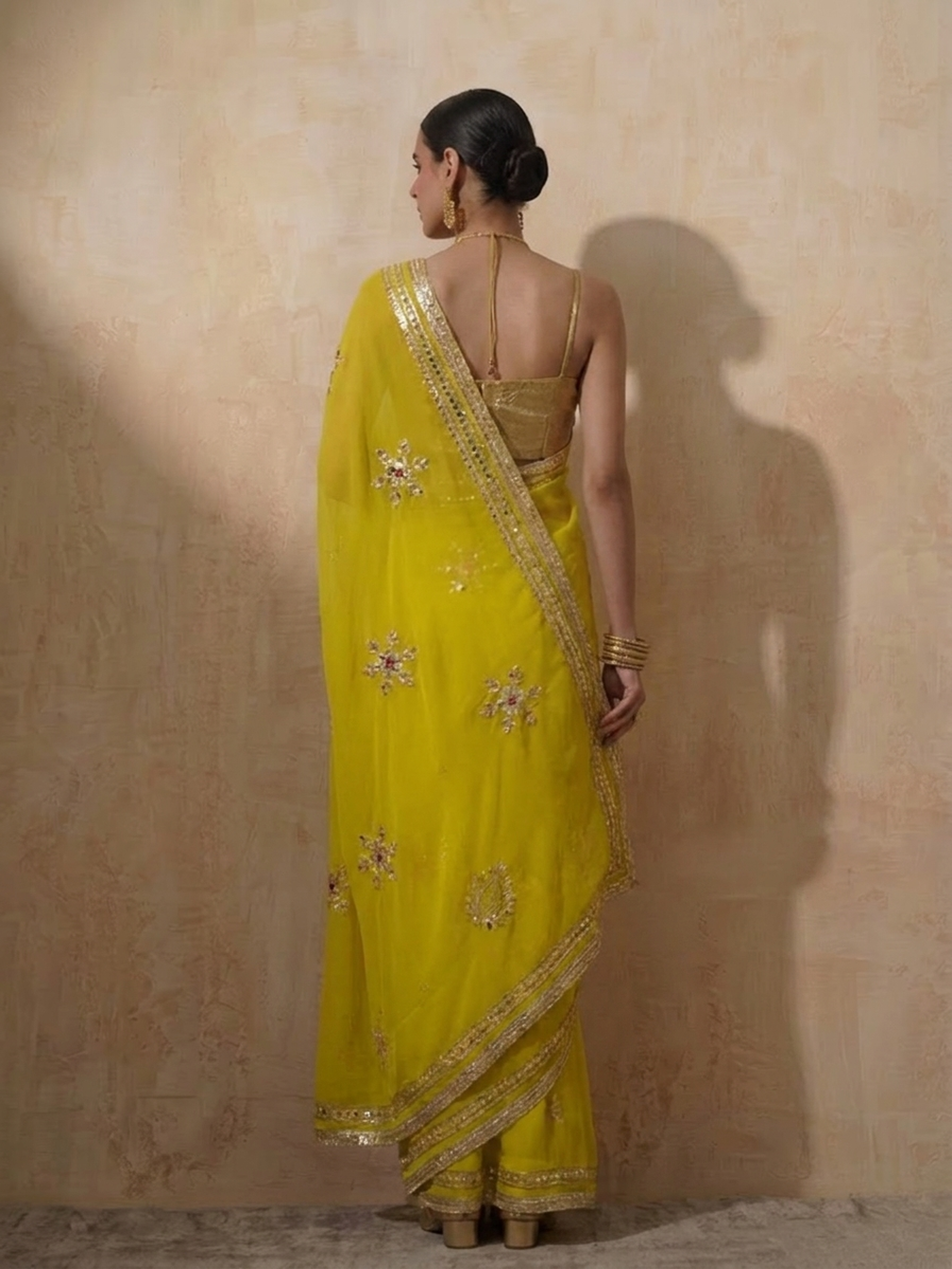 Mehndi Chiffon Saree with Gota Patti Handwork Patches with Self Fabric Blouse