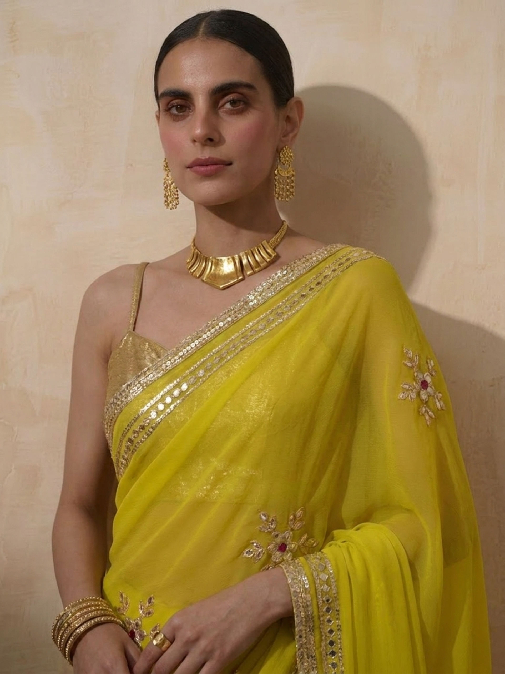 Highlighter Chiffon Saree with Gota Patti Handwork with Self Blouse Fabric