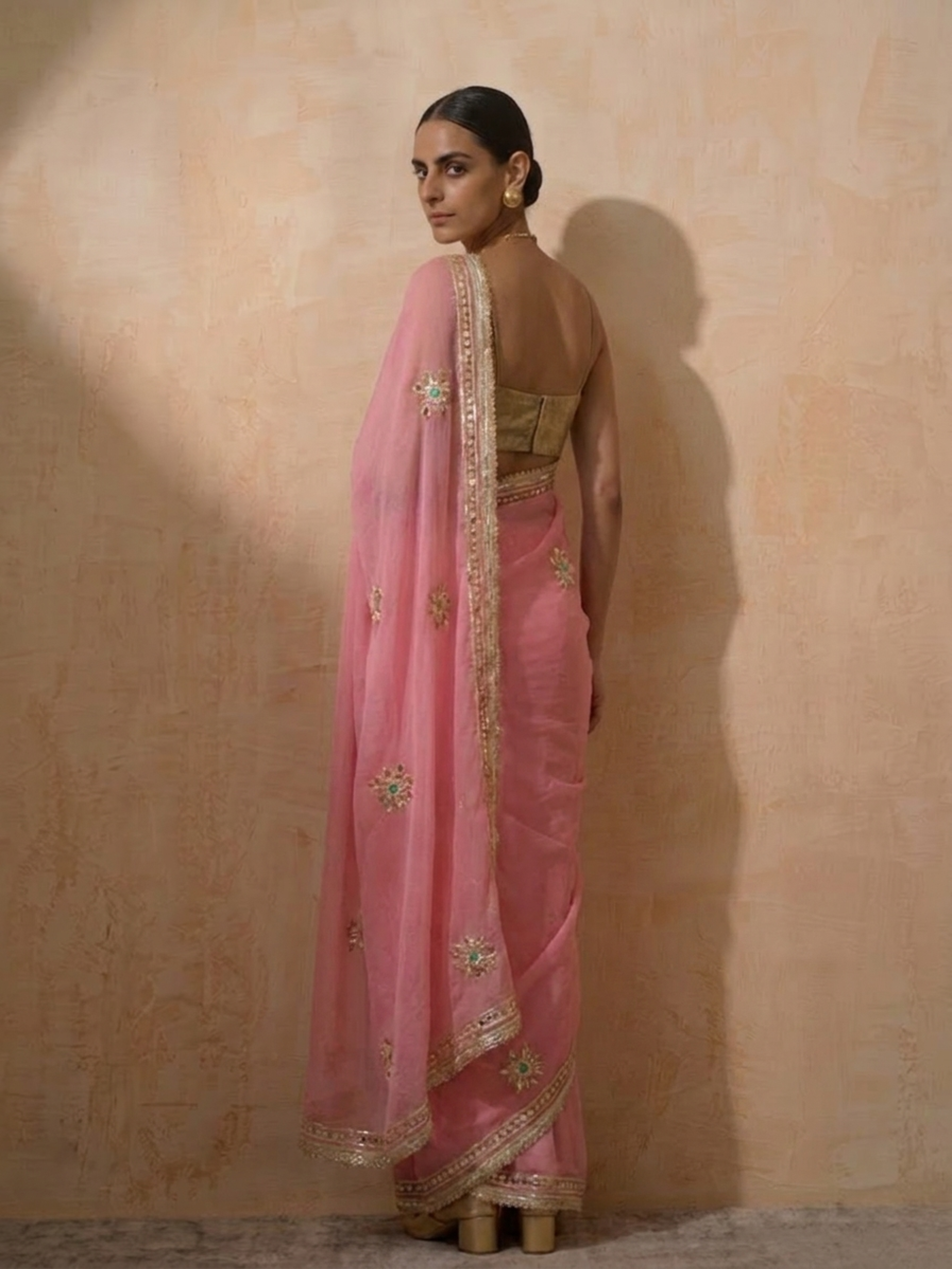 Blush Pink Chiffon Saree with Gota Patti Handwork Patches with Self Fabric Blouse