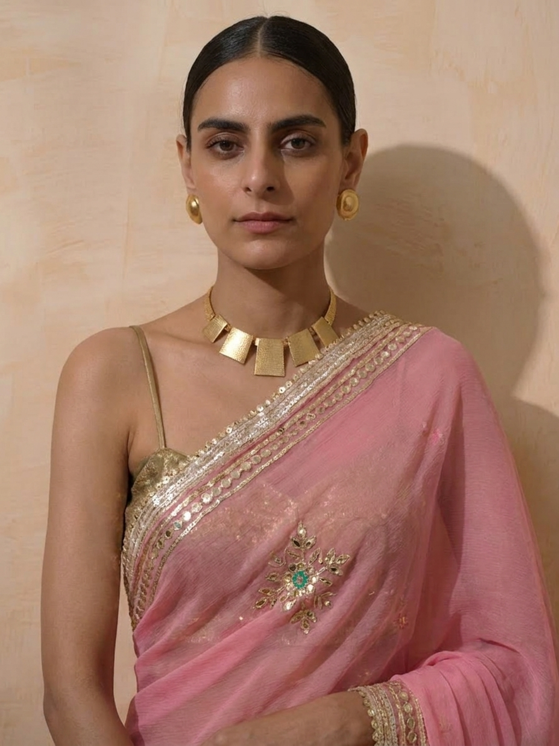 Blush Pink Chiffon Saree with Gota Patti Handwork Patches with Self Fabric Blouse