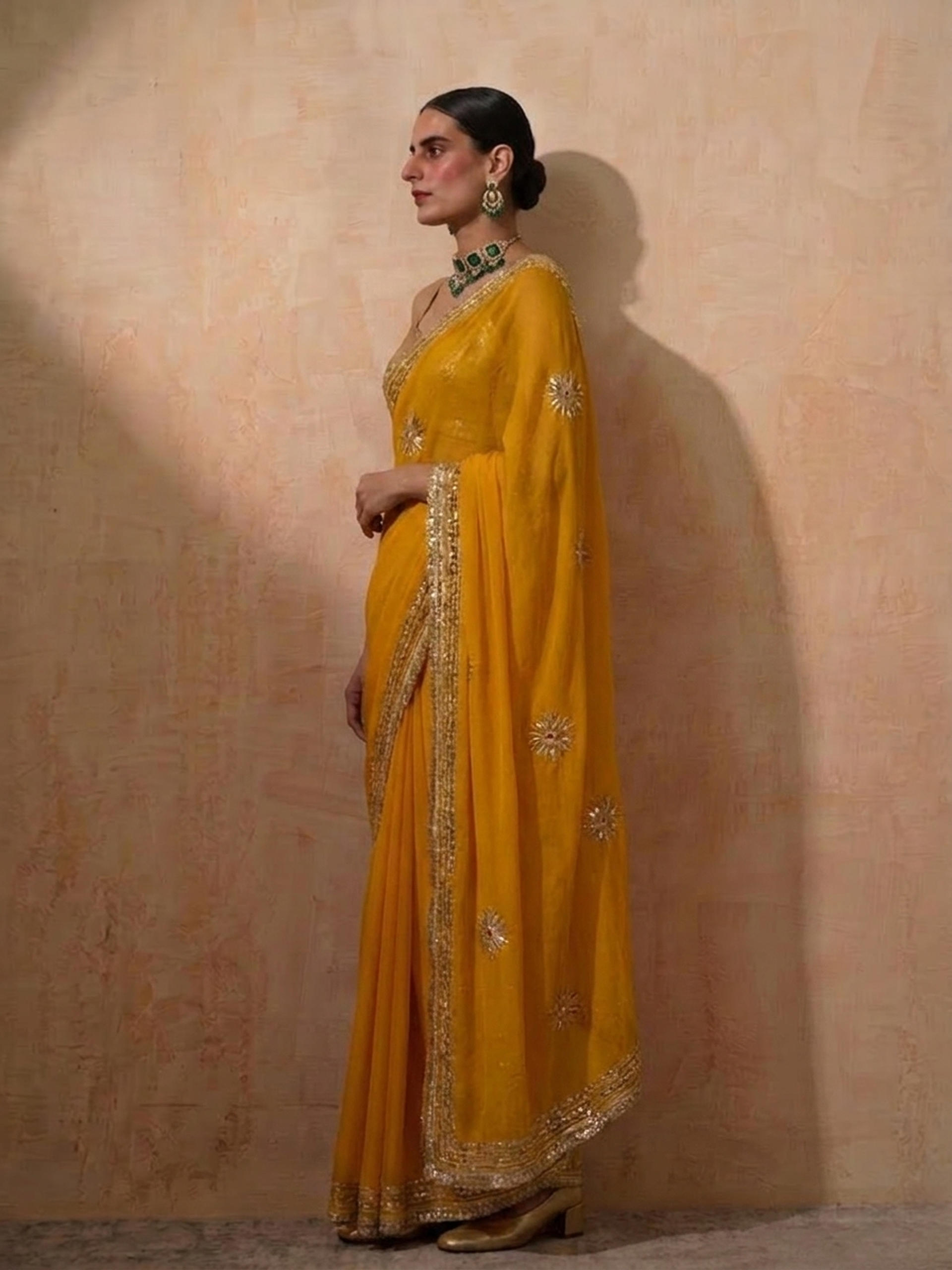 Yellow Chiffon Saree with Gota Patti Handwork Patches with Self Fabric Blouse