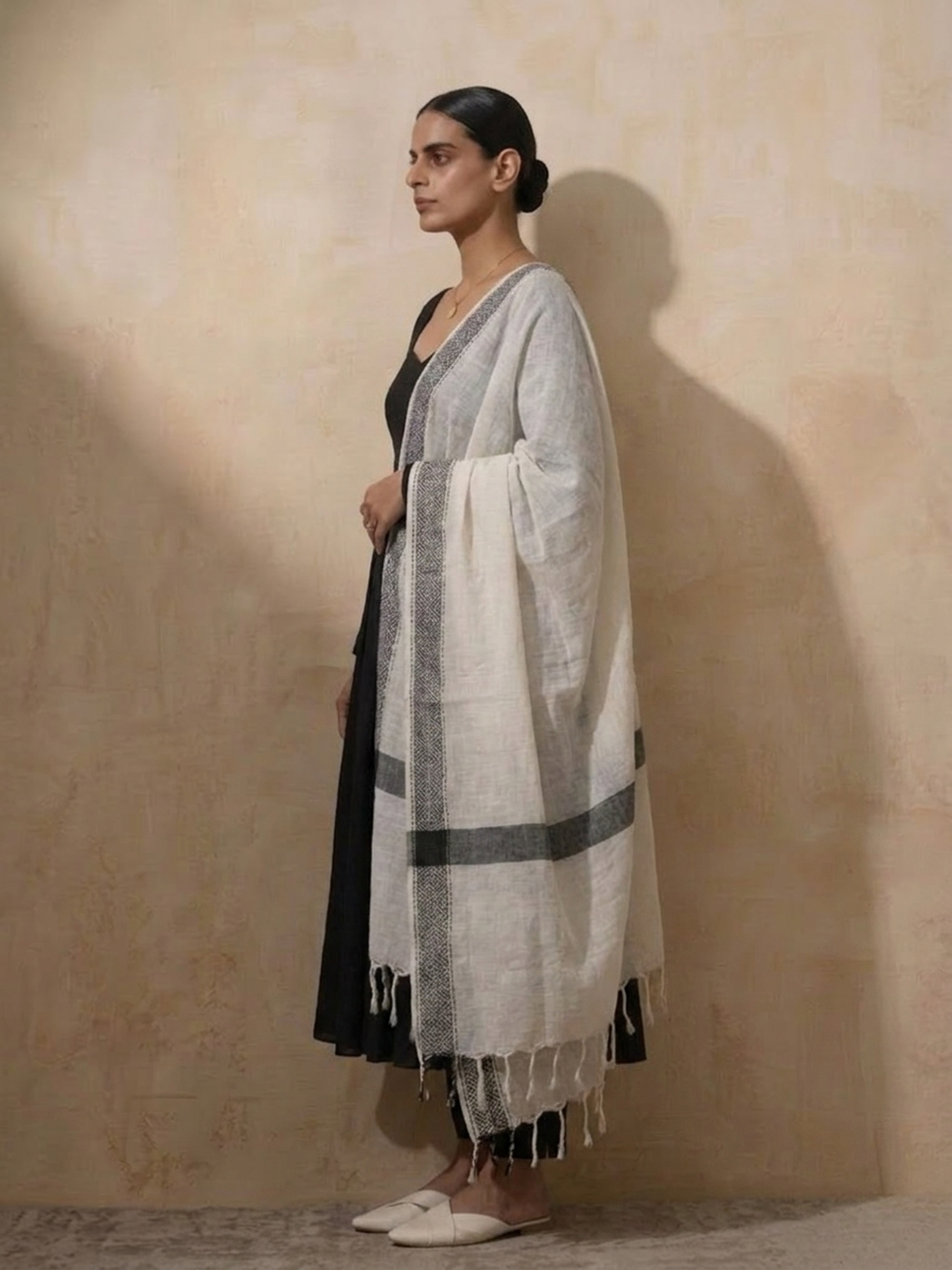 3 Pc Set - Black Cotton Anarkali with Woven Cream Black Dupatta