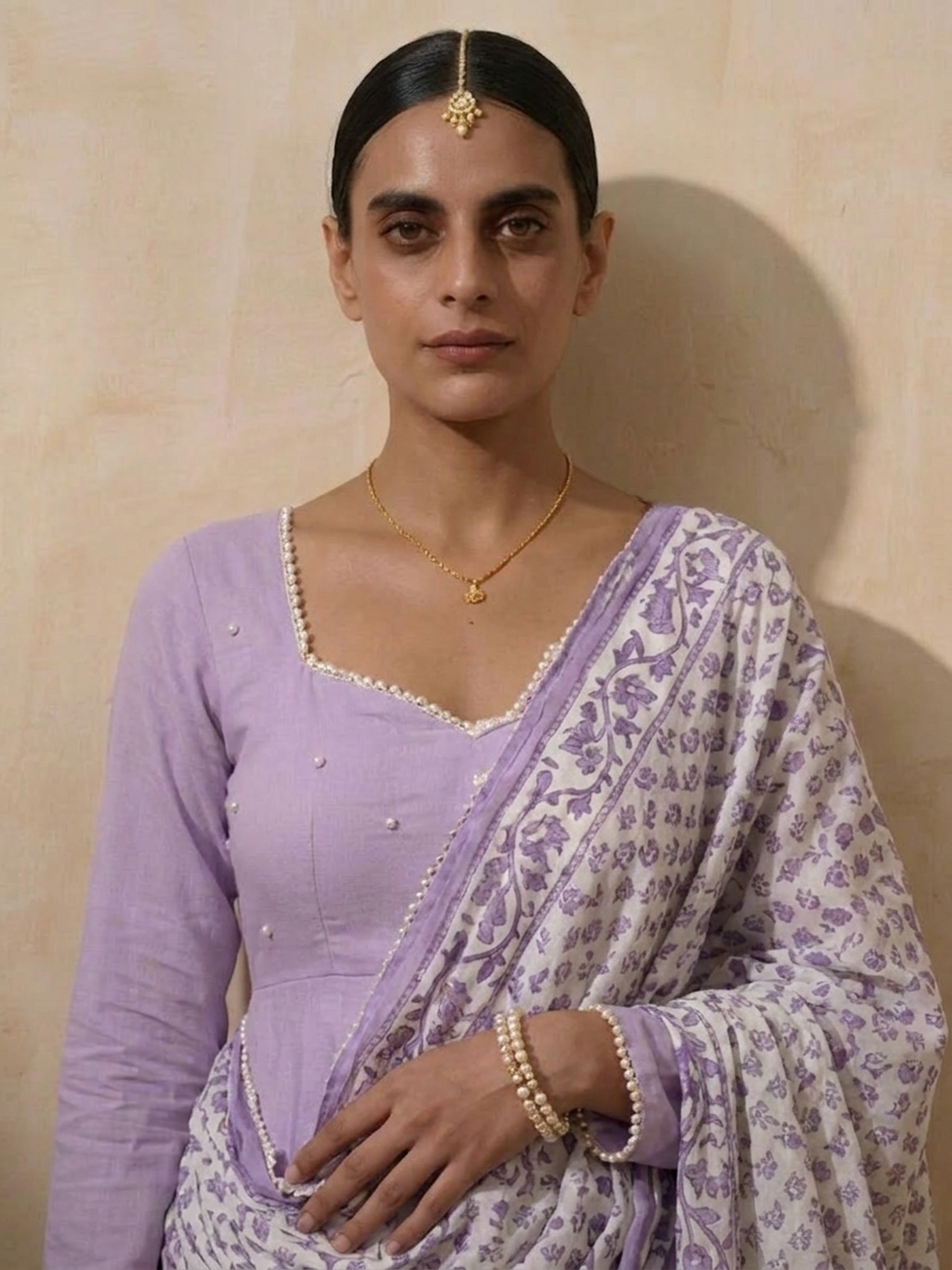 3 Pc Set - Lilac Cotton Anarkali with Pearls and Lilac Printed Dupatta