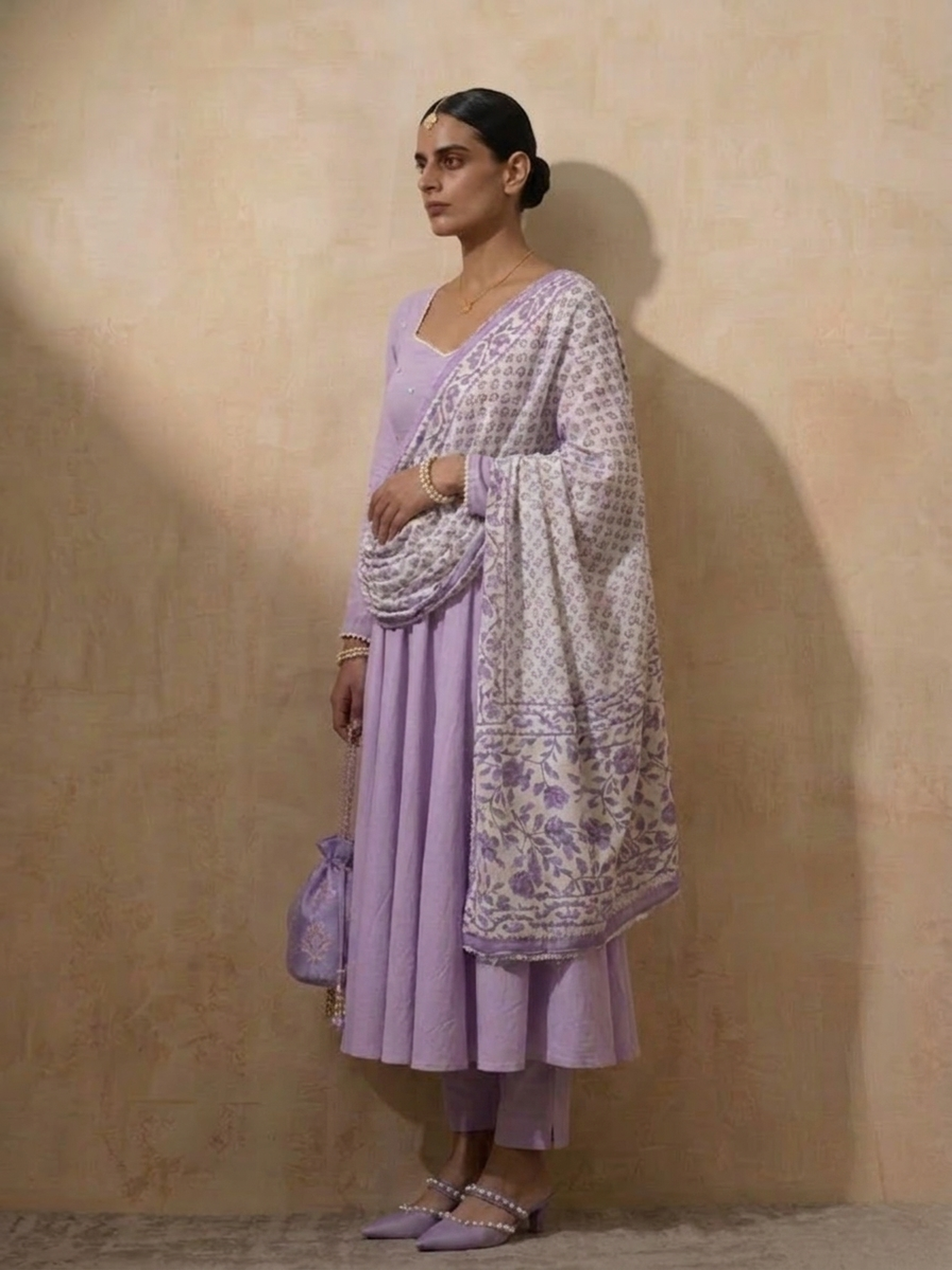 3 Pc Set - Lilac Cotton Anarkali with Pearls and Lilac Printed Dupatta
