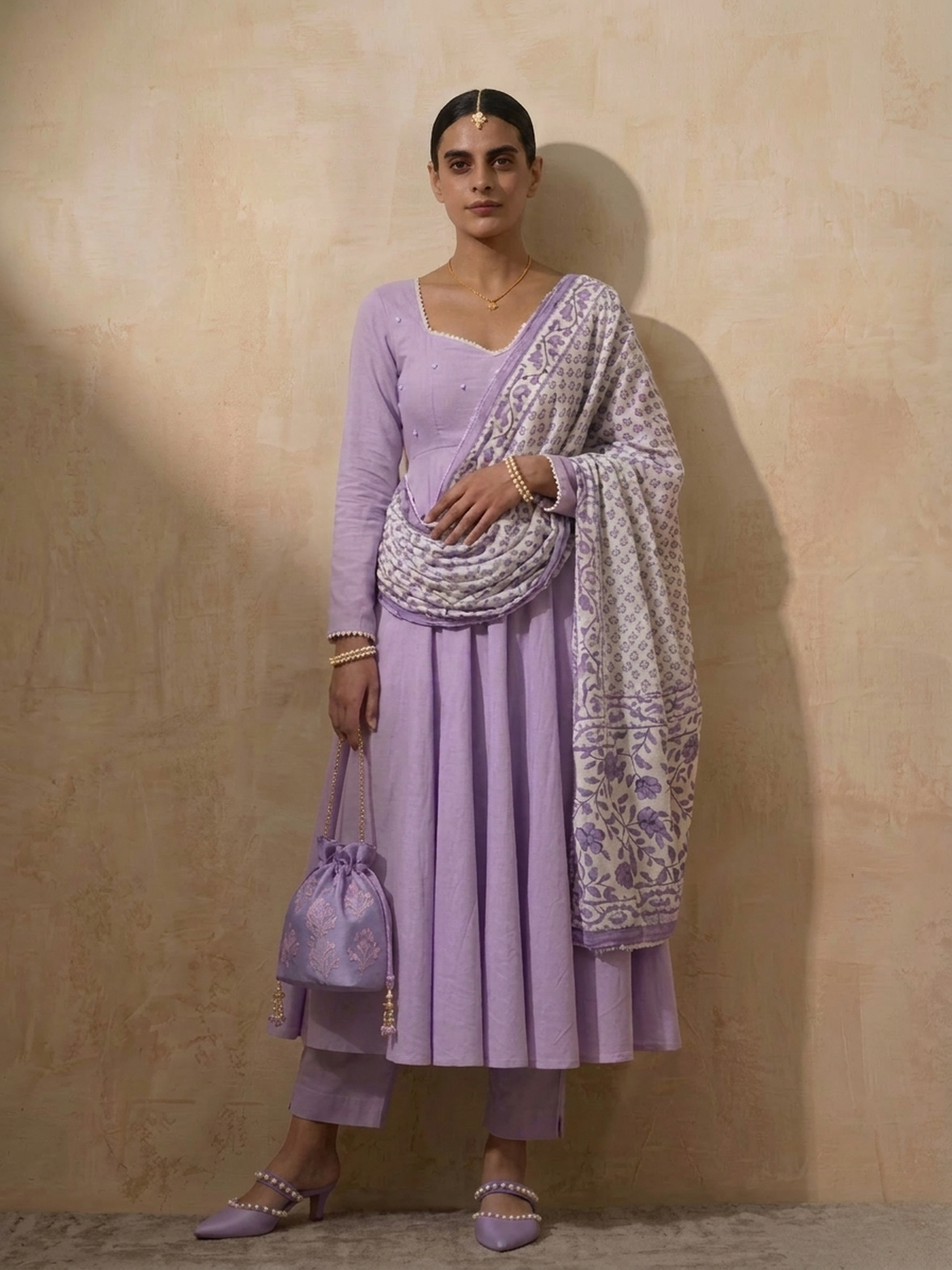 3 Pc Set - Lilac Cotton Anarkali with Pearls and Lilac Printed Dupatta