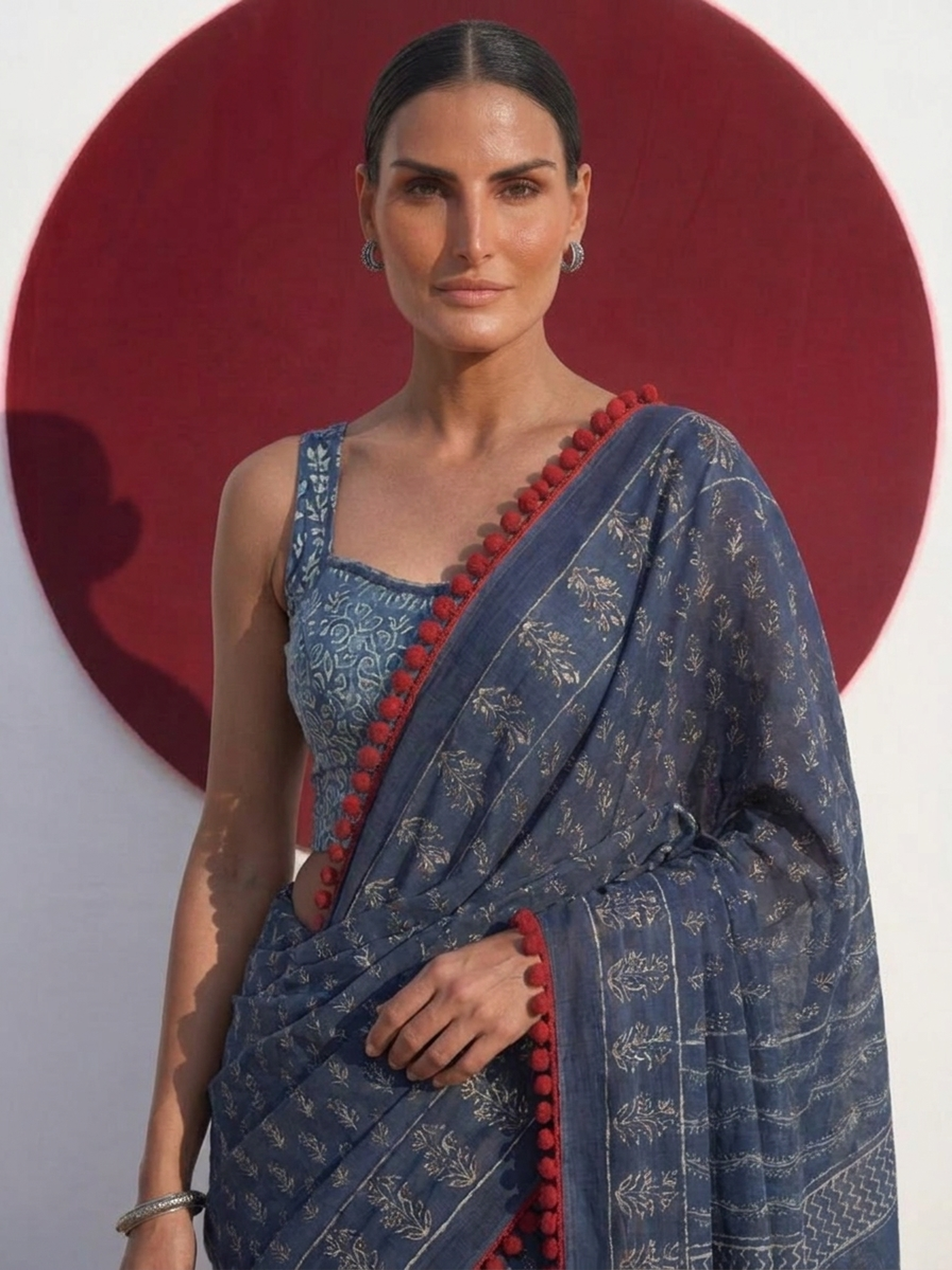 Indigo Hand Block Printed Saree with Red Lace and Blouse Fabric