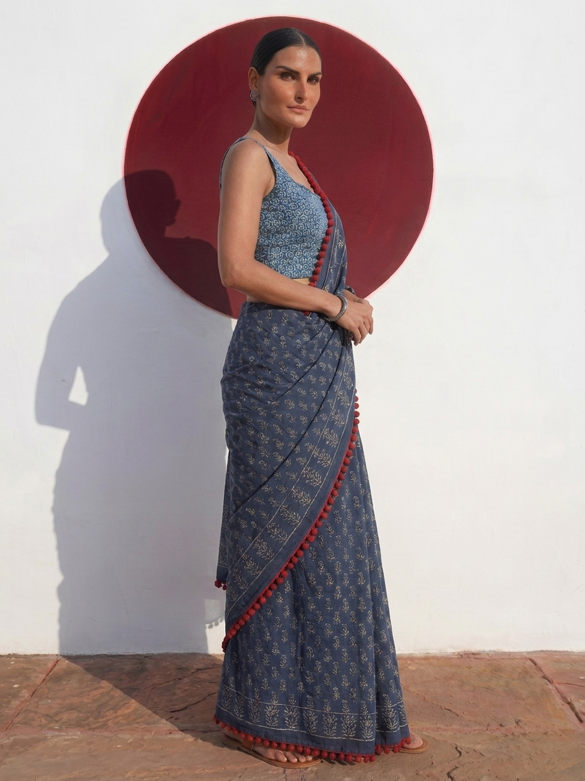 Indigo Hand Block Printed Saree with Red Lace and Blouse Fabric