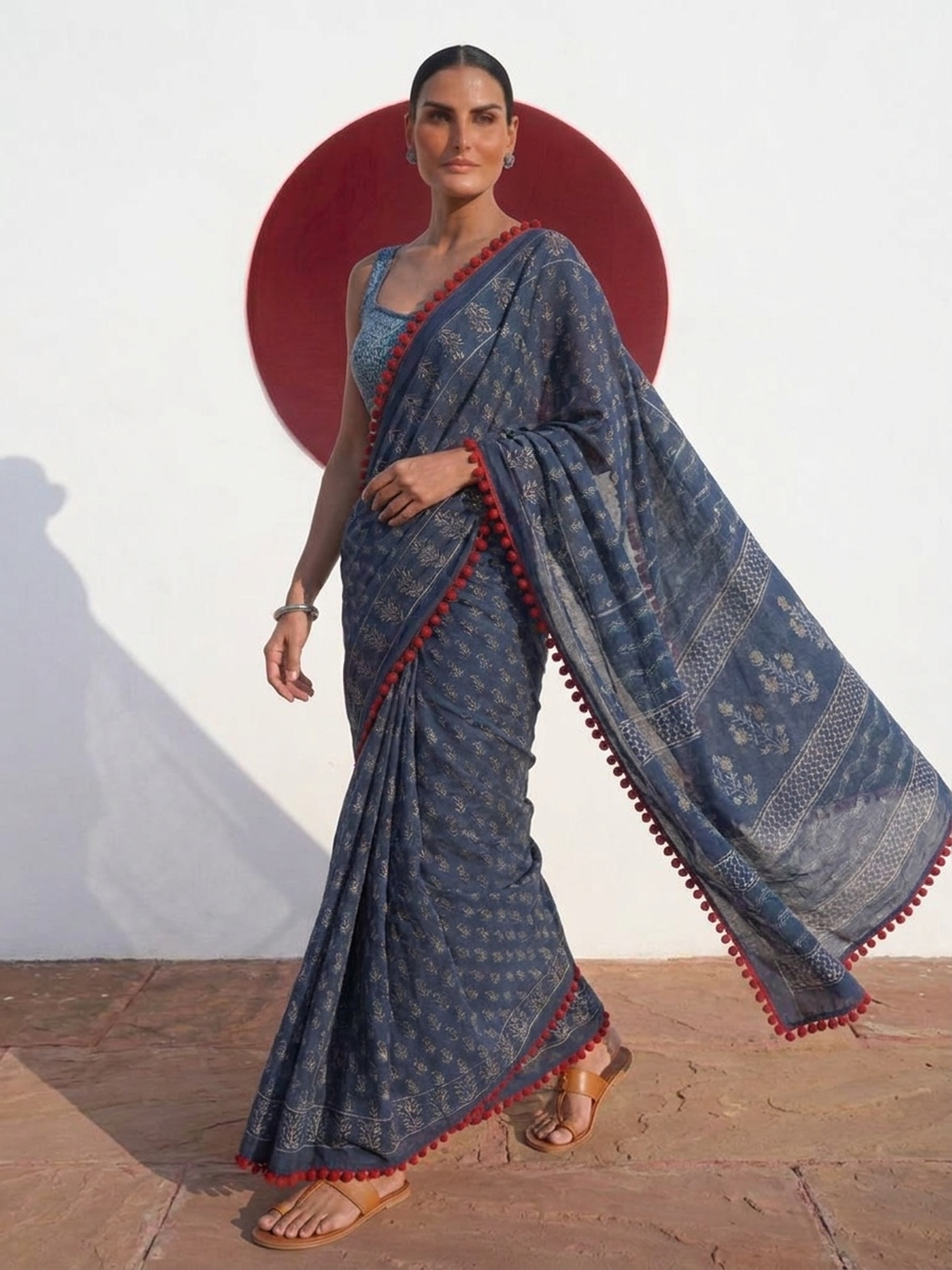 Indigo Hand Block Printed Saree with Red Lace and Blouse Fabric