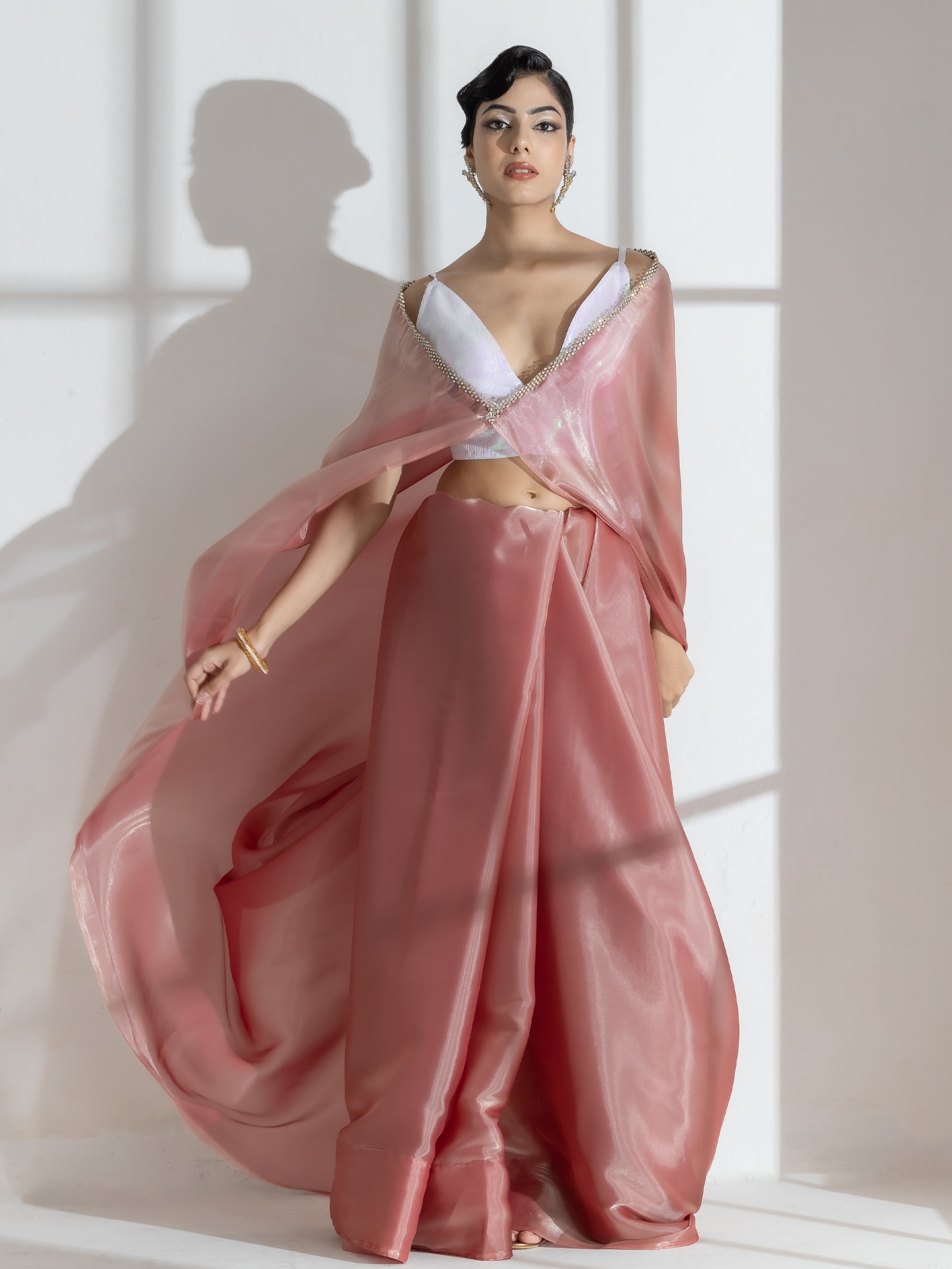 Mettalic Bloom Organza Satin Saree with Diamond Studs and Self Blouse Fabric