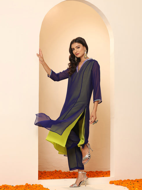 Women's Purple & Green Surprise Georgette Kurta with Pants 2 Piece Set | A-Line, V Neck, 3/4 Sleeves, Pants, Work wear, Festive Wear, (Georgette)