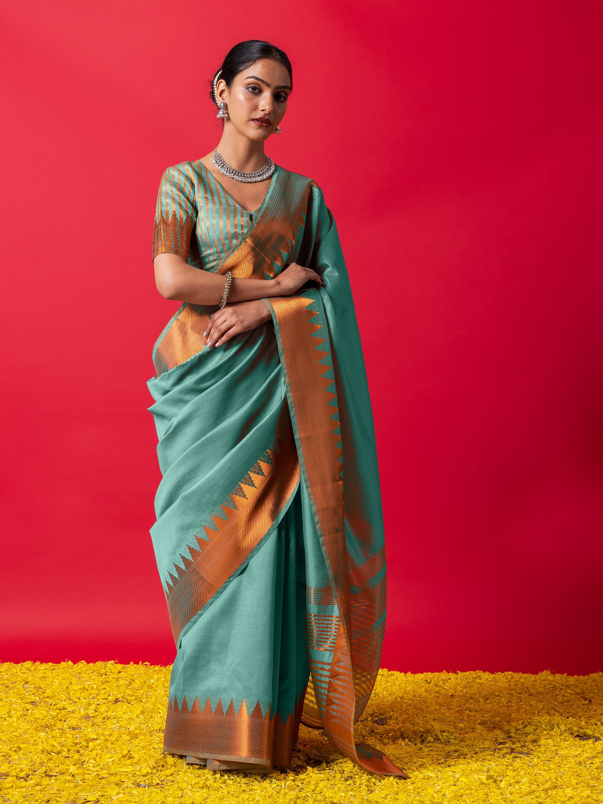 Sky Lark Copper Temple Saree with Blouse Fabric
