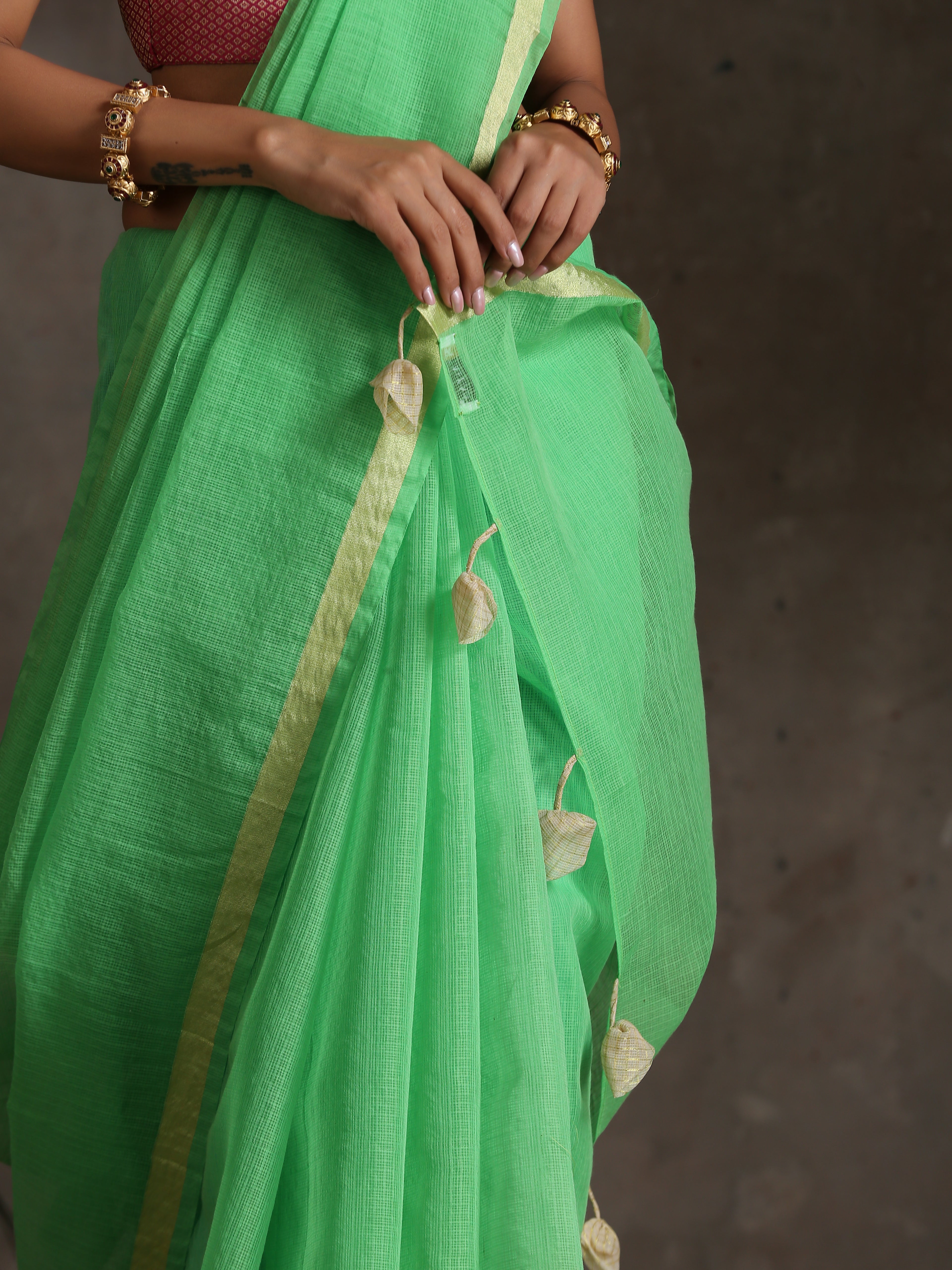 Parakeet Green Kota Doria Saree with Border & Tassles