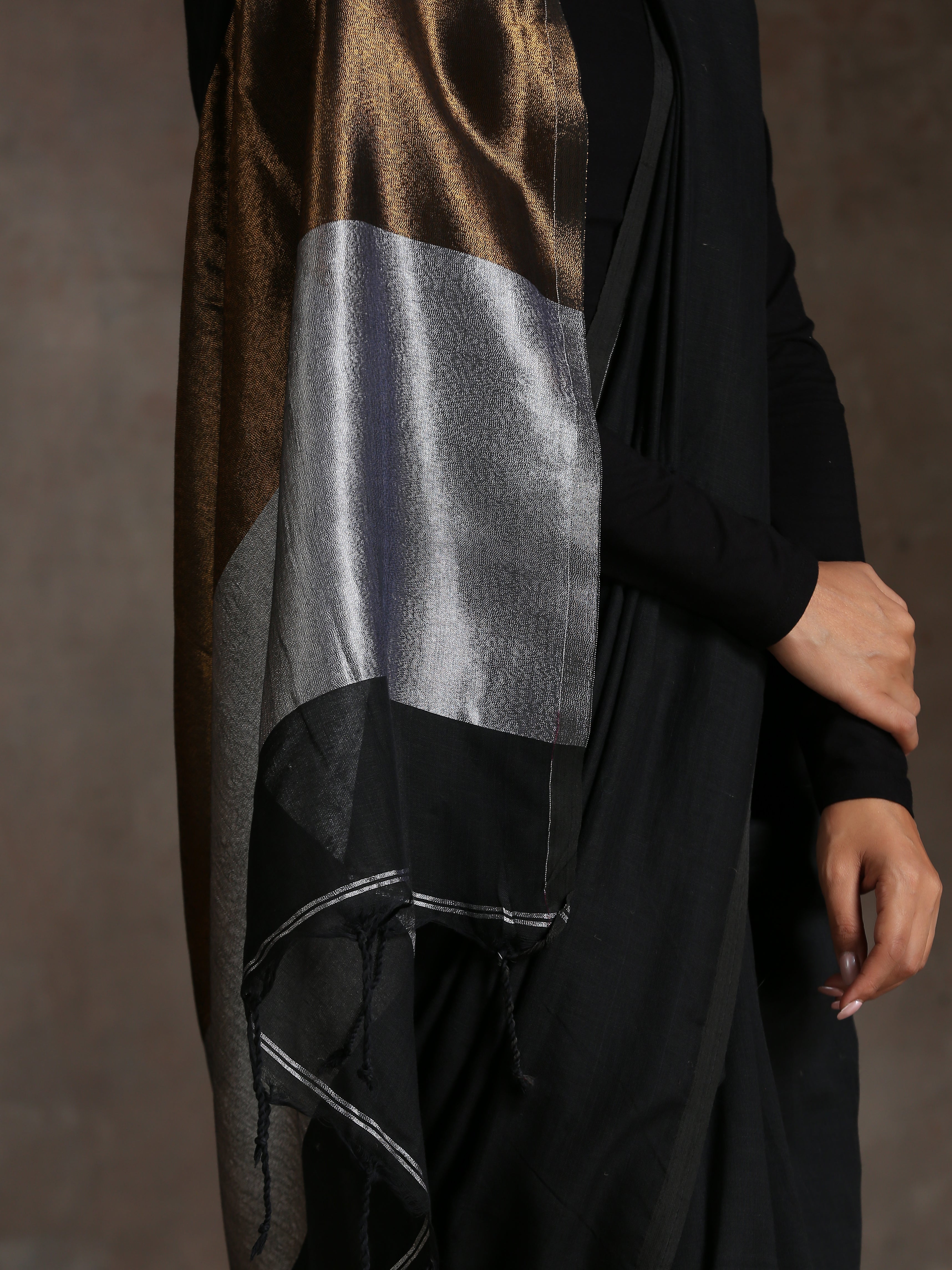 Regal Black Cotton Saree with Bronze & Silver Pallu